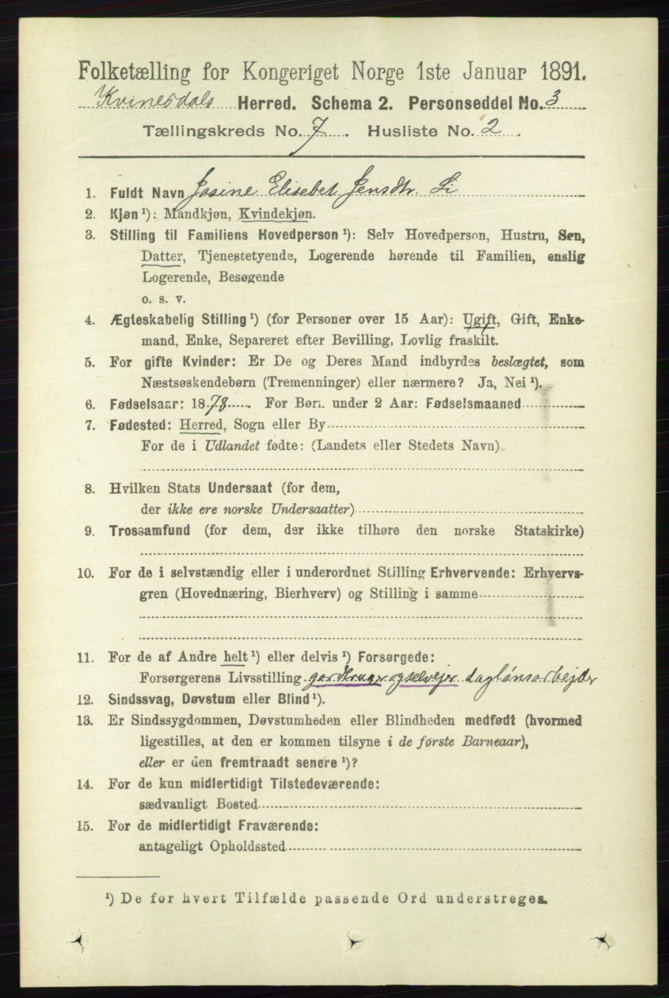 RA, 1891 census for 1037 Kvinesdal, 1891, p. 2430