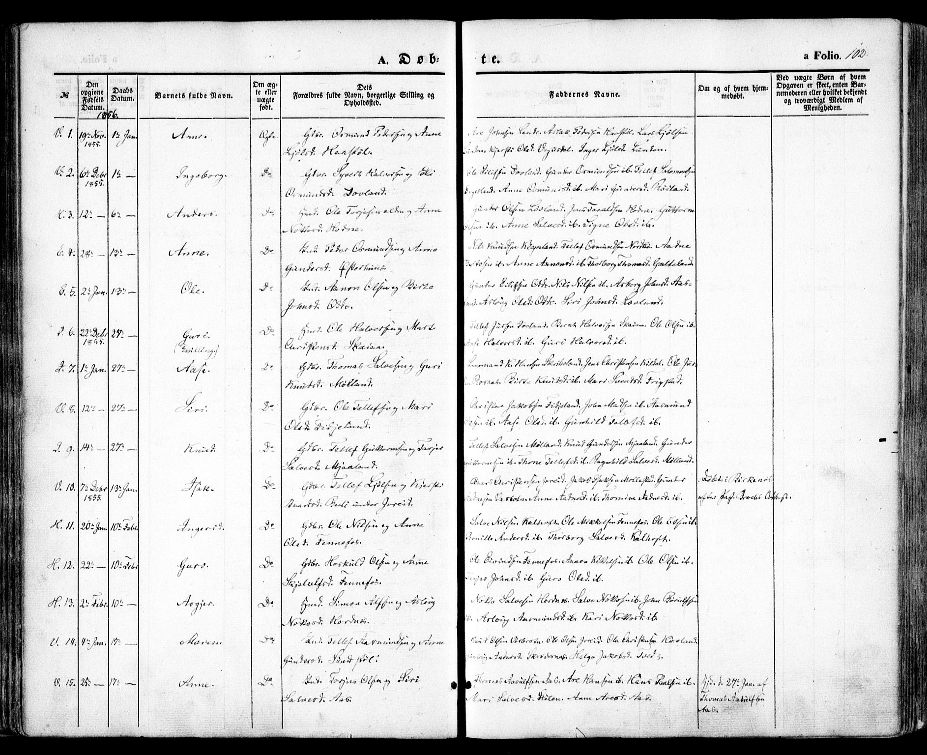 Evje sokneprestkontor, SAK/1111-0008/F/Fa/Faa/L0005: Parish register (official) no. A 5, 1843-1865, p. 102