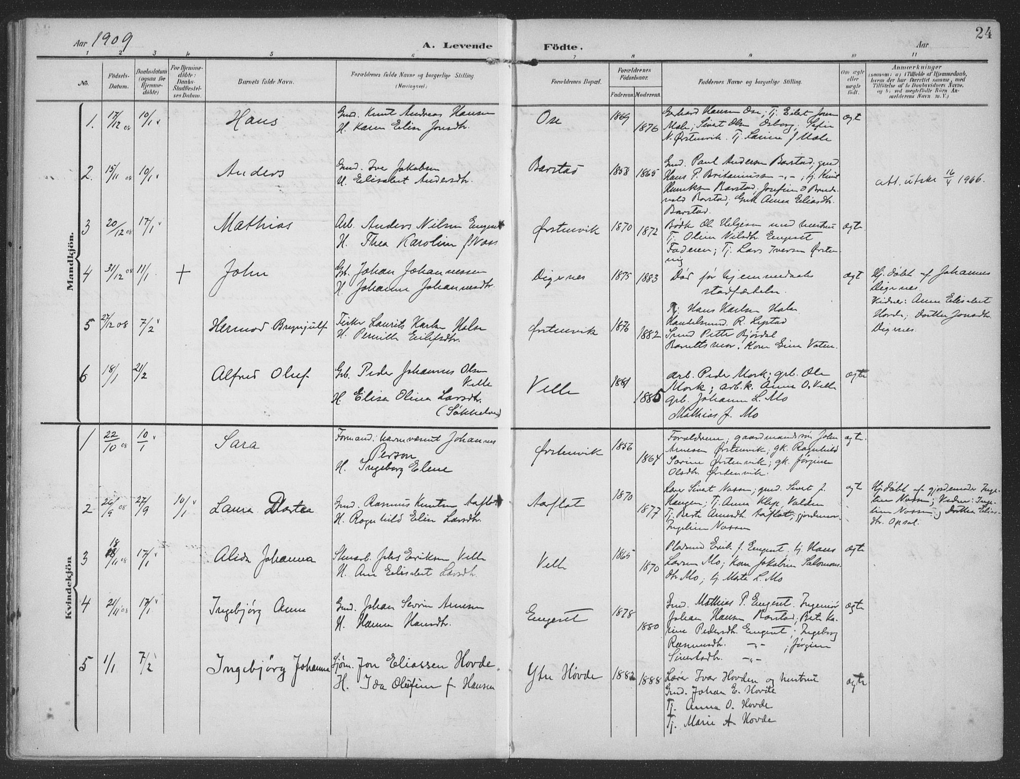 Ministerialprotokoller, klokkerbøker og fødselsregistre - Møre og Romsdal, SAT/A-1454/513/L0178: Parish register (official) no. 513A05, 1906-1919, p. 24