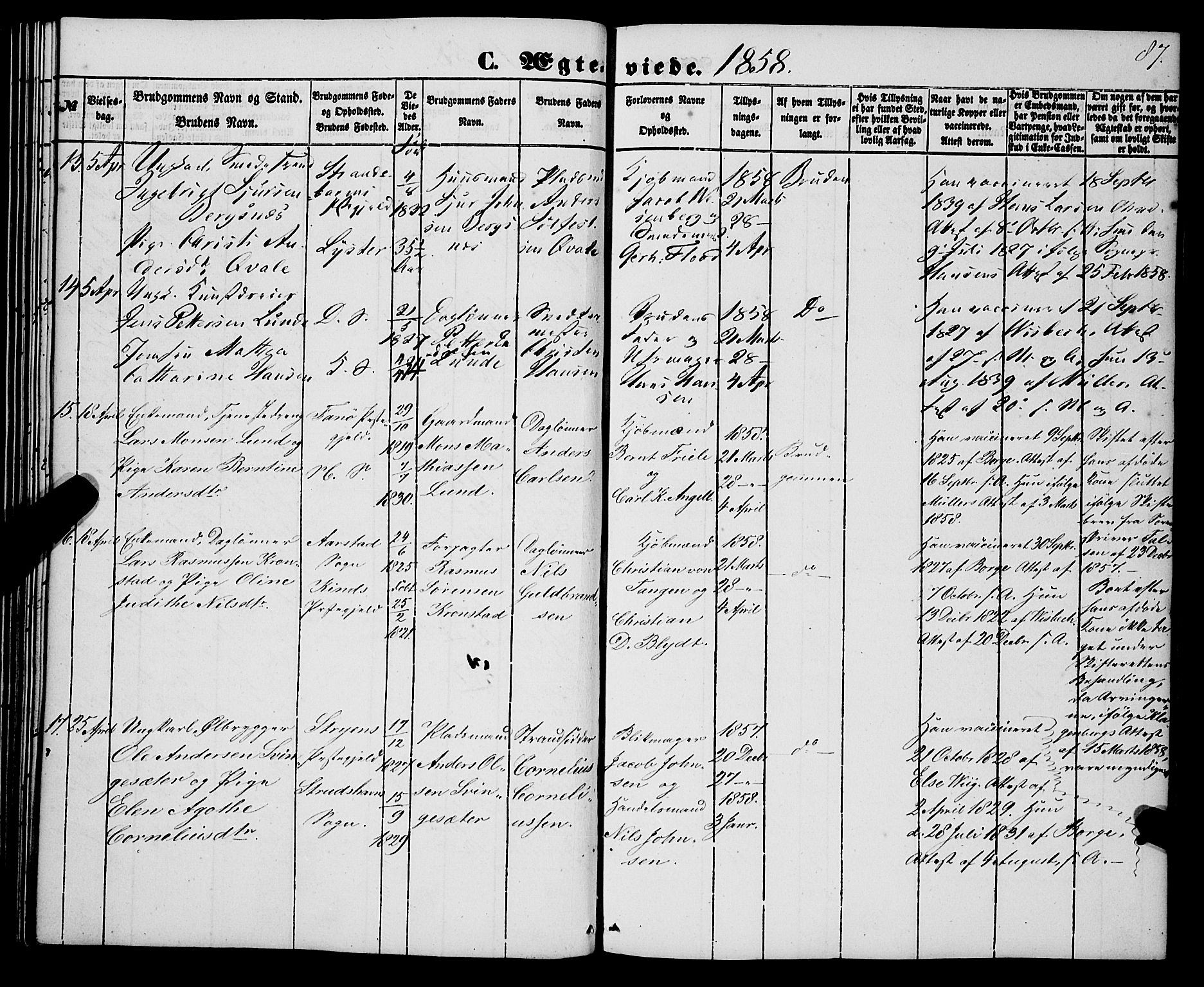 Korskirken sokneprestembete, AV/SAB-A-76101/H/Haa/L0035: Parish register (official) no. D 2, 1852-1867, p. 87