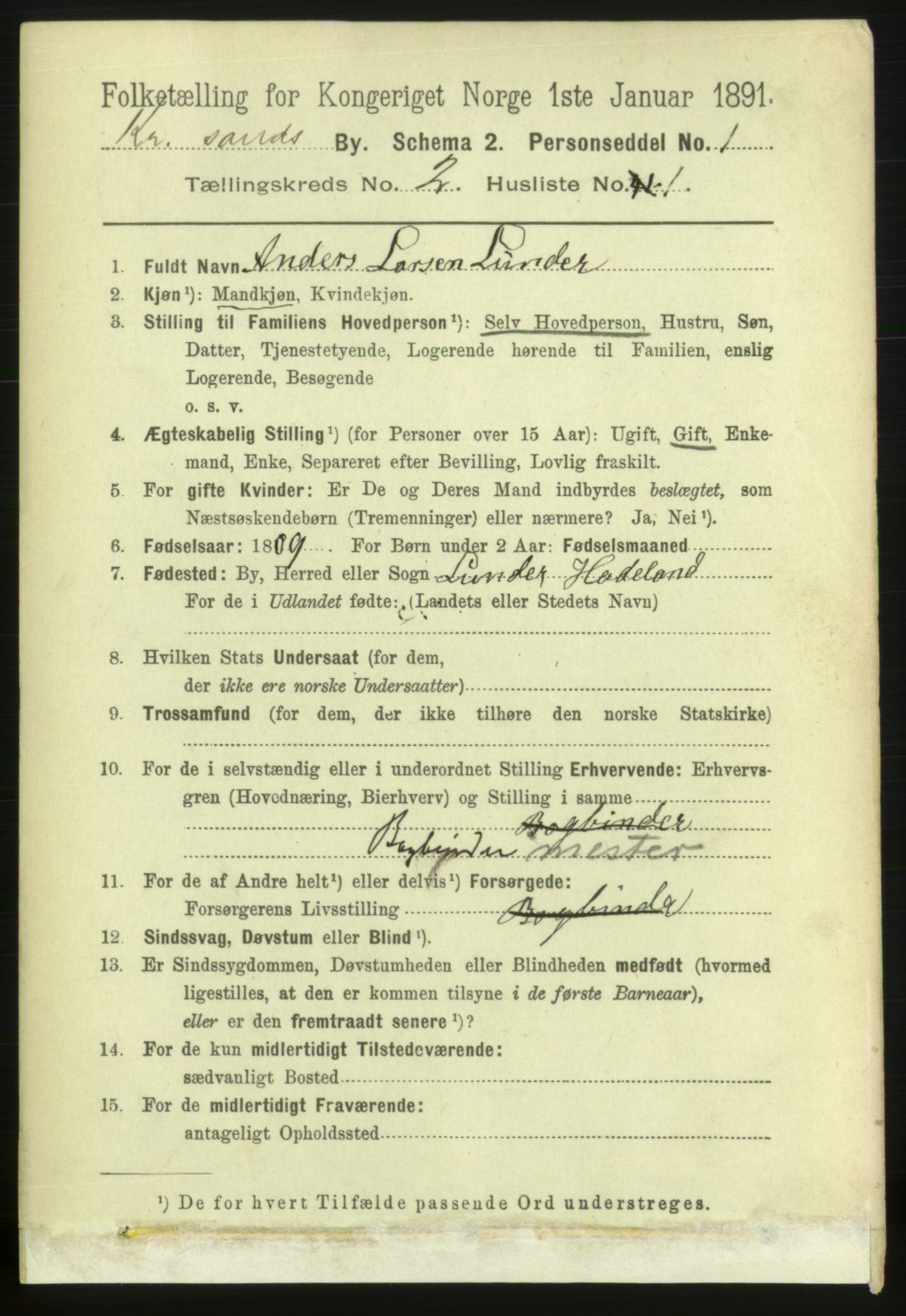 RA, 1891 census for 1001 Kristiansand, 1891, p. 3186