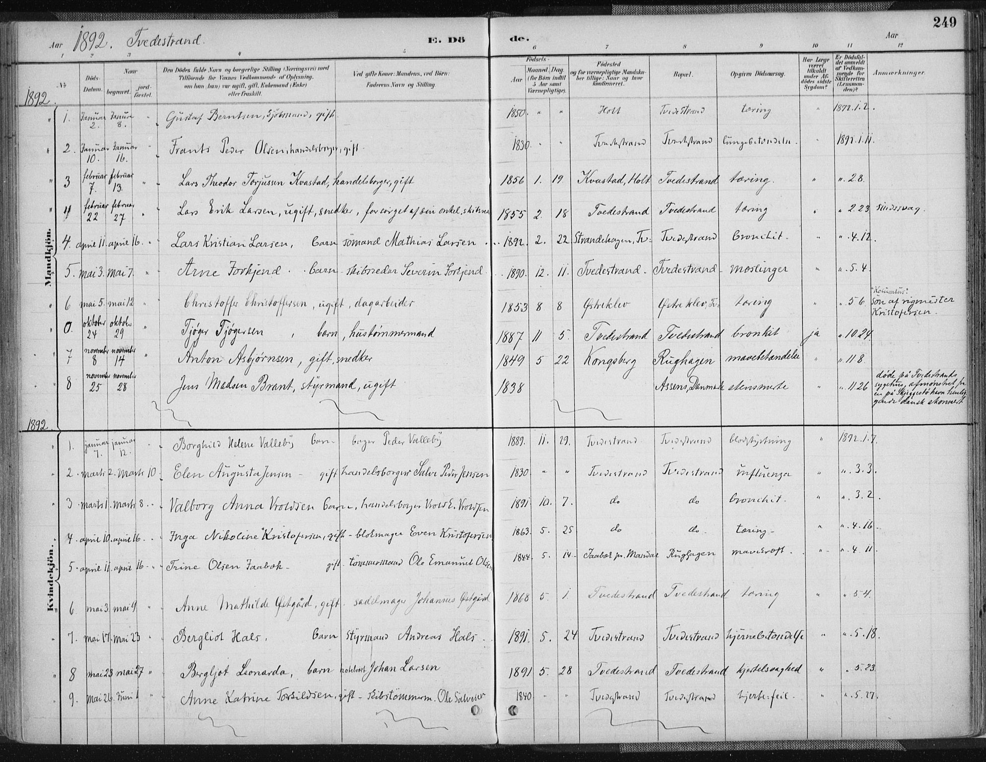 Tvedestrand sokneprestkontor, SAK/1111-0042/F/Fa/L0001: Parish register (official) no. A 1, 1885-1916, p. 249