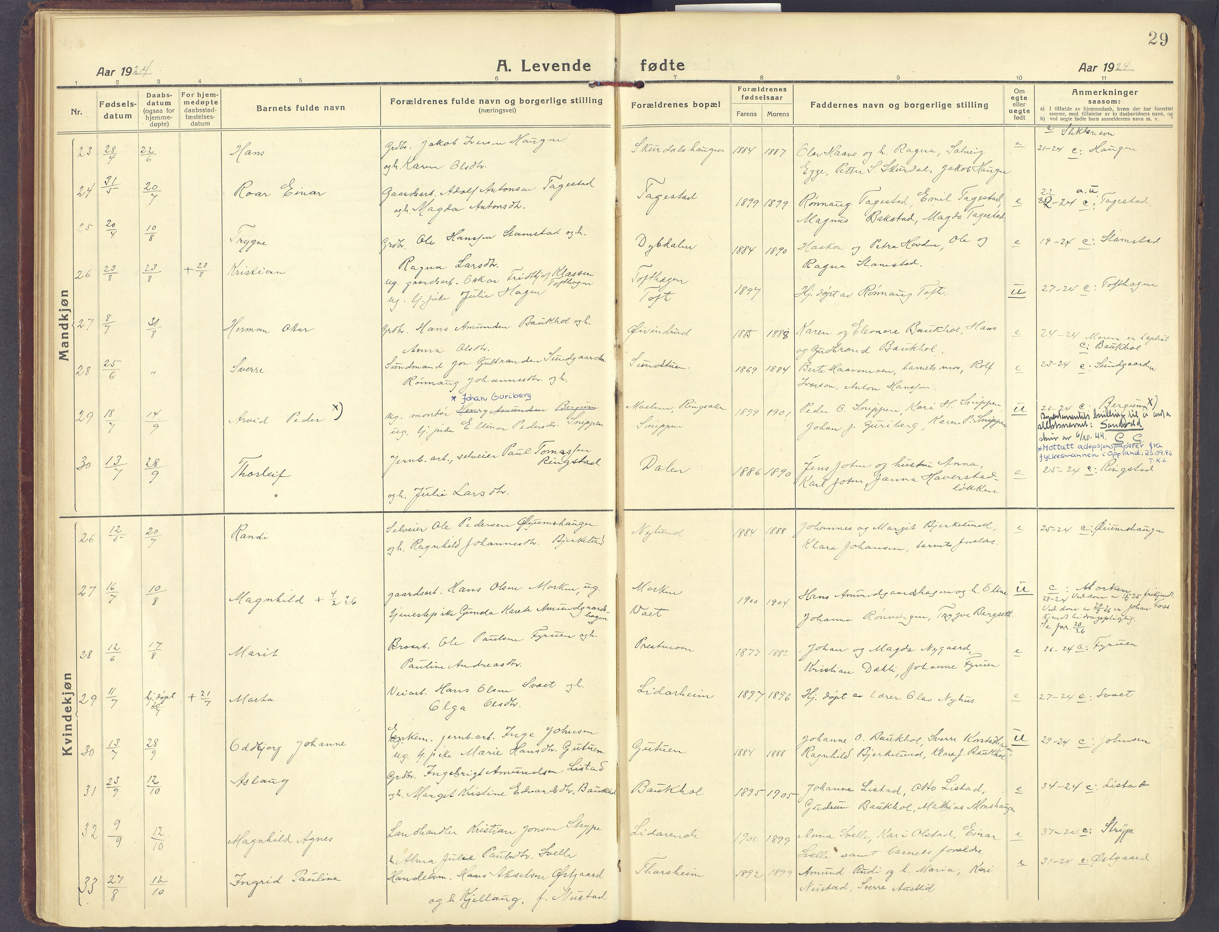 Sør-Fron prestekontor, AV/SAH-PREST-010/H/Ha/Haa/L0005: Parish register (official) no. 5, 1920-1933, p. 29
