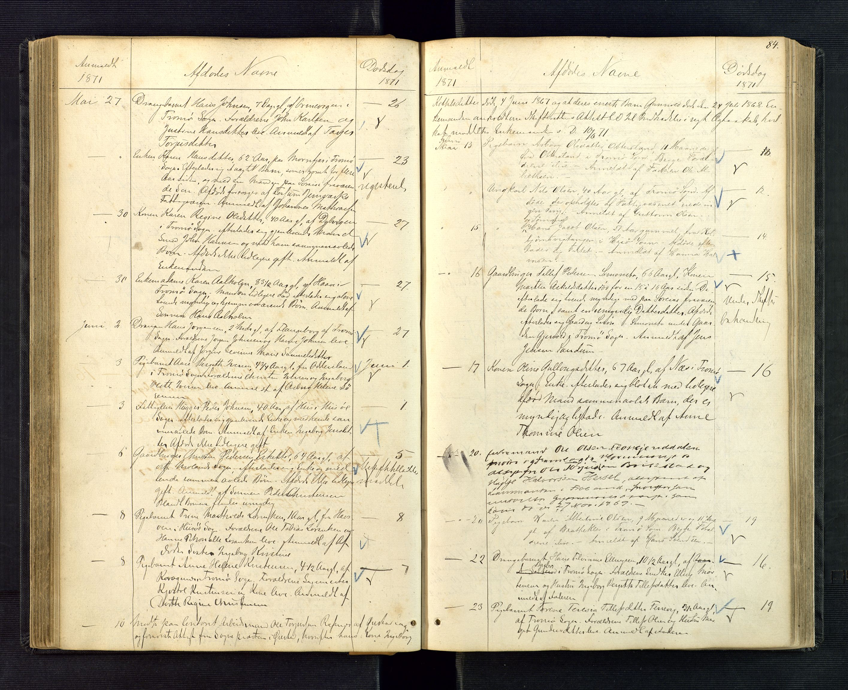 Nedenes sorenskriveri, AV/SAK-1221-0006/H/Ha/L0002: Dødsfallsfortegnelse nr 2, 1863-1889, p. 84