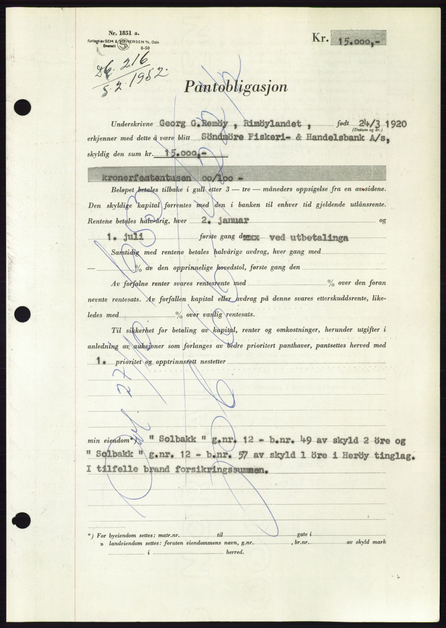Søre Sunnmøre sorenskriveri, AV/SAT-A-4122/1/2/2C/L0121: Mortgage book no. 9B, 1951-1952, Diary no: : 216/1952