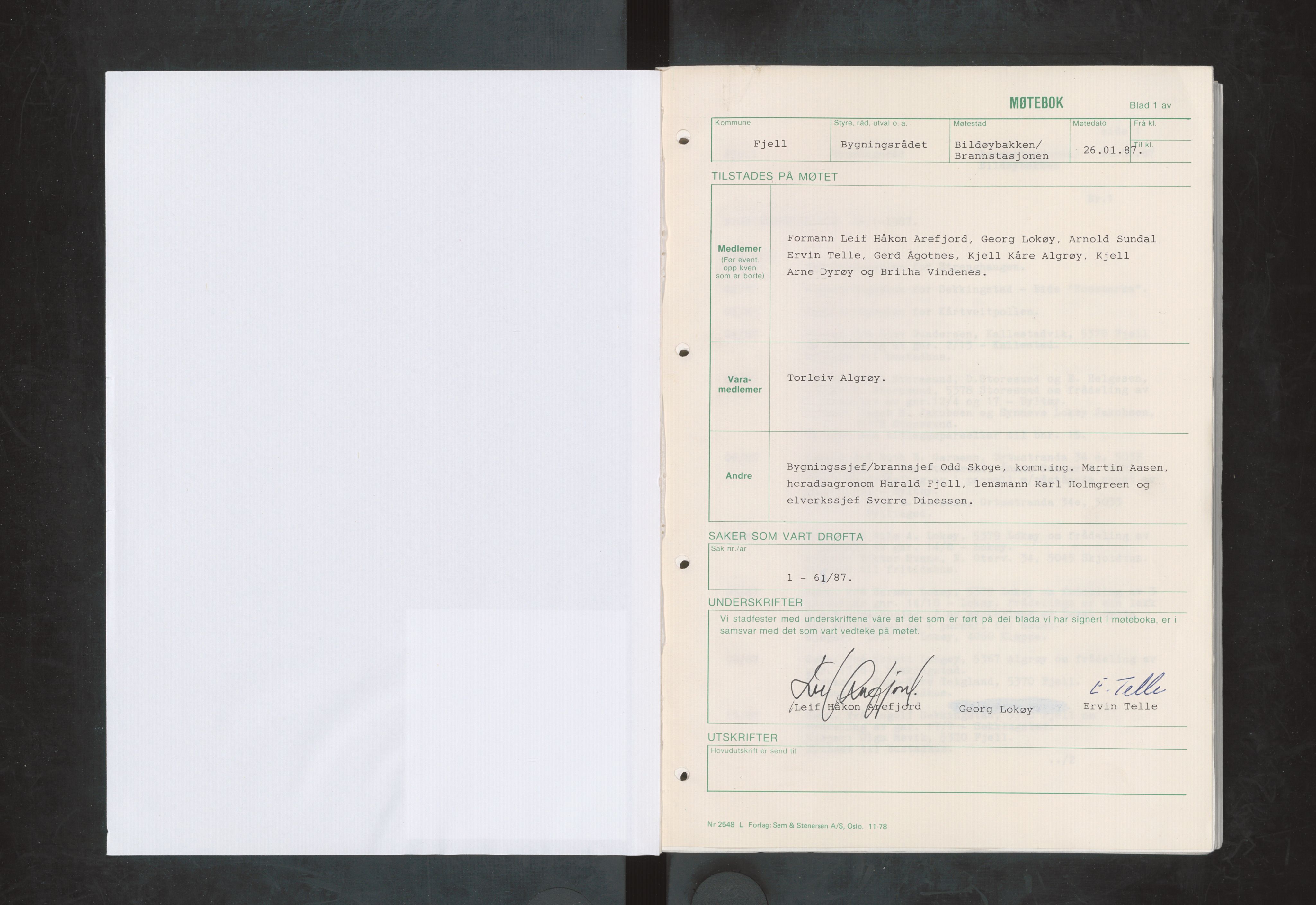 Fjell kommune. Bygningsrådet, IKAH/1246-511/A/Aa/L0019: Møtebok for Fjell bygningsråd, 1987