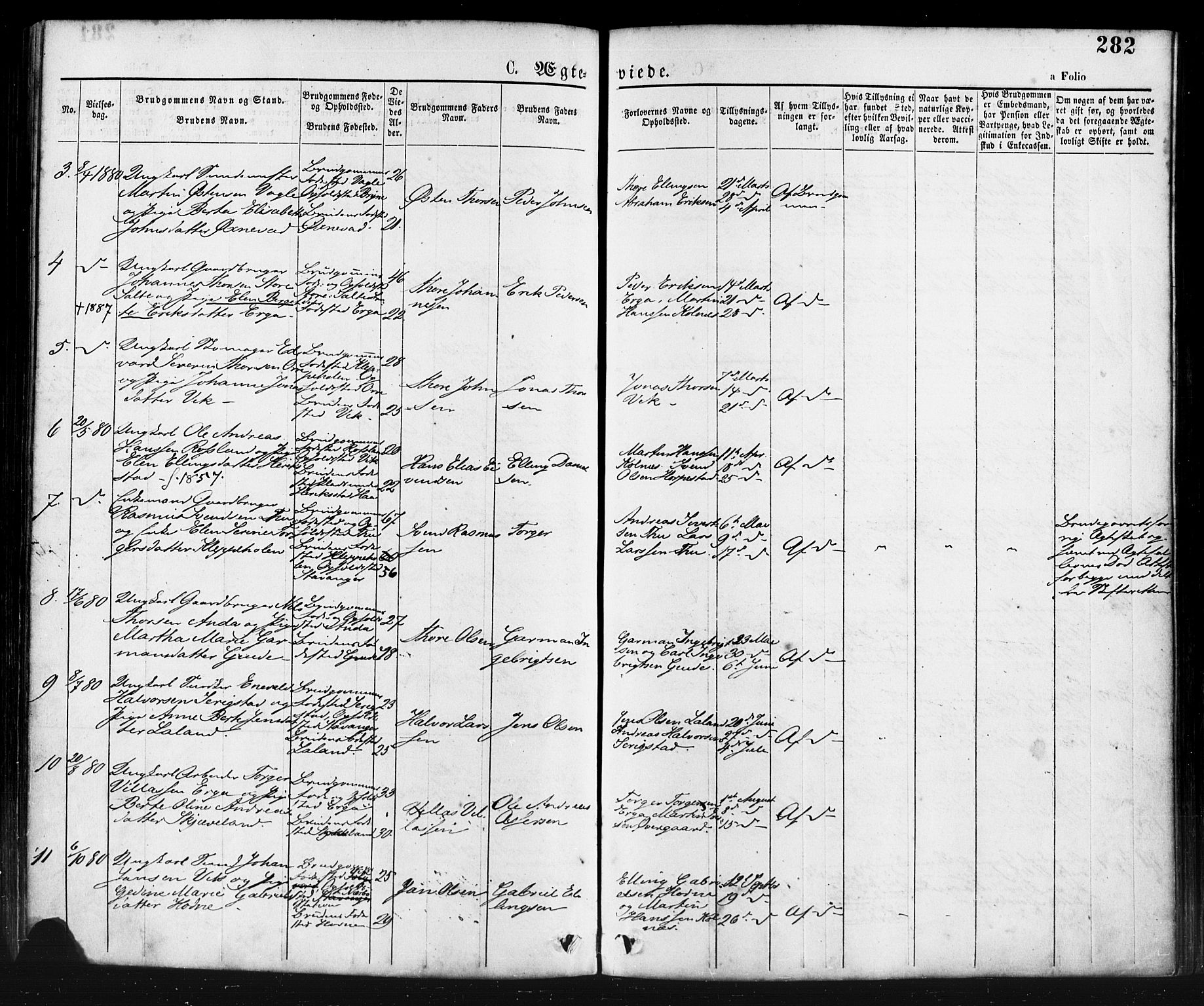 Klepp sokneprestkontor, AV/SAST-A-101803/001/3/30BA/L0006: Parish register (official) no. A 6, 1871-1885, p. 282