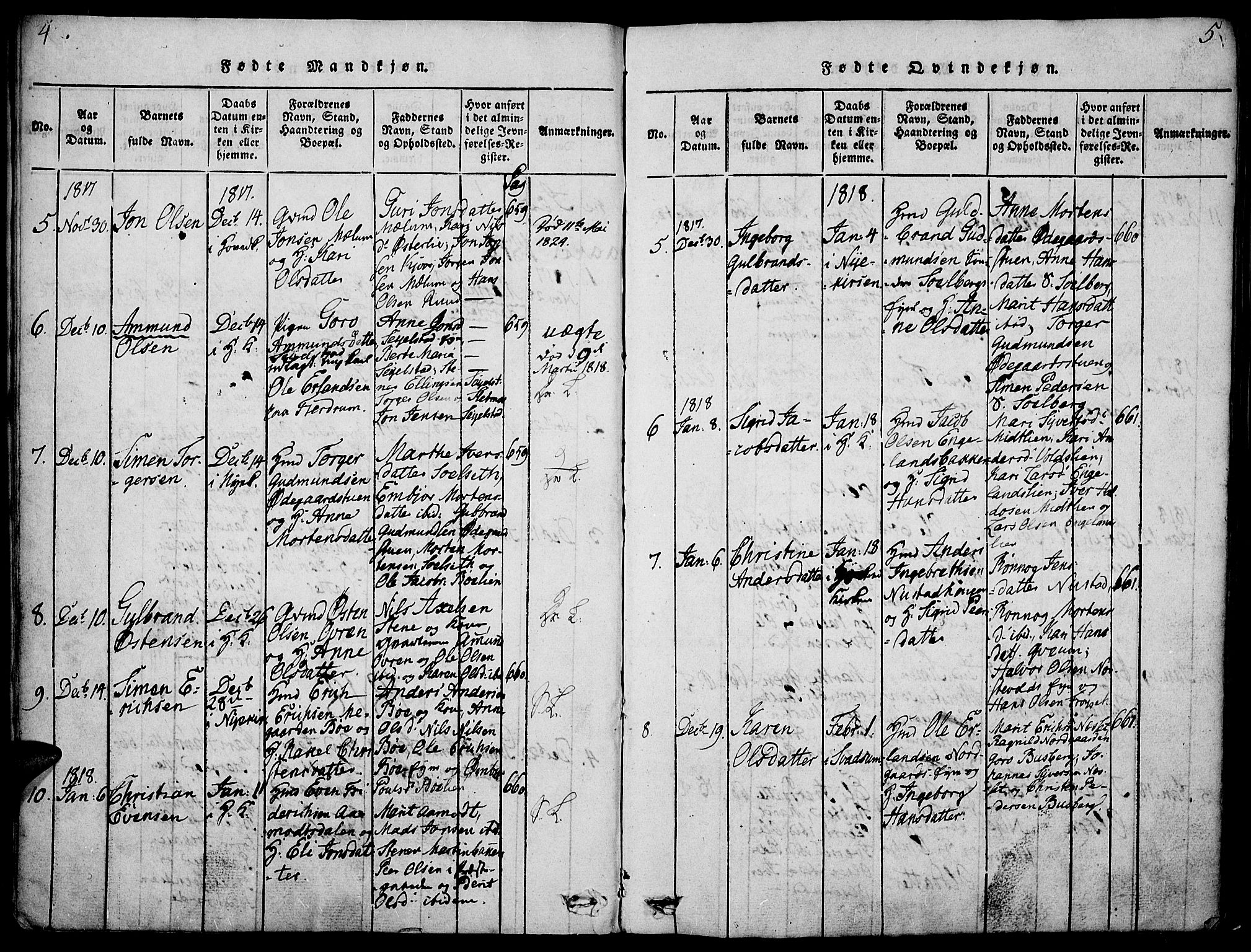 Gausdal prestekontor, SAH/PREST-090/H/Ha/Haa/L0005: Parish register (official) no. 5, 1817-1829, p. 4-5