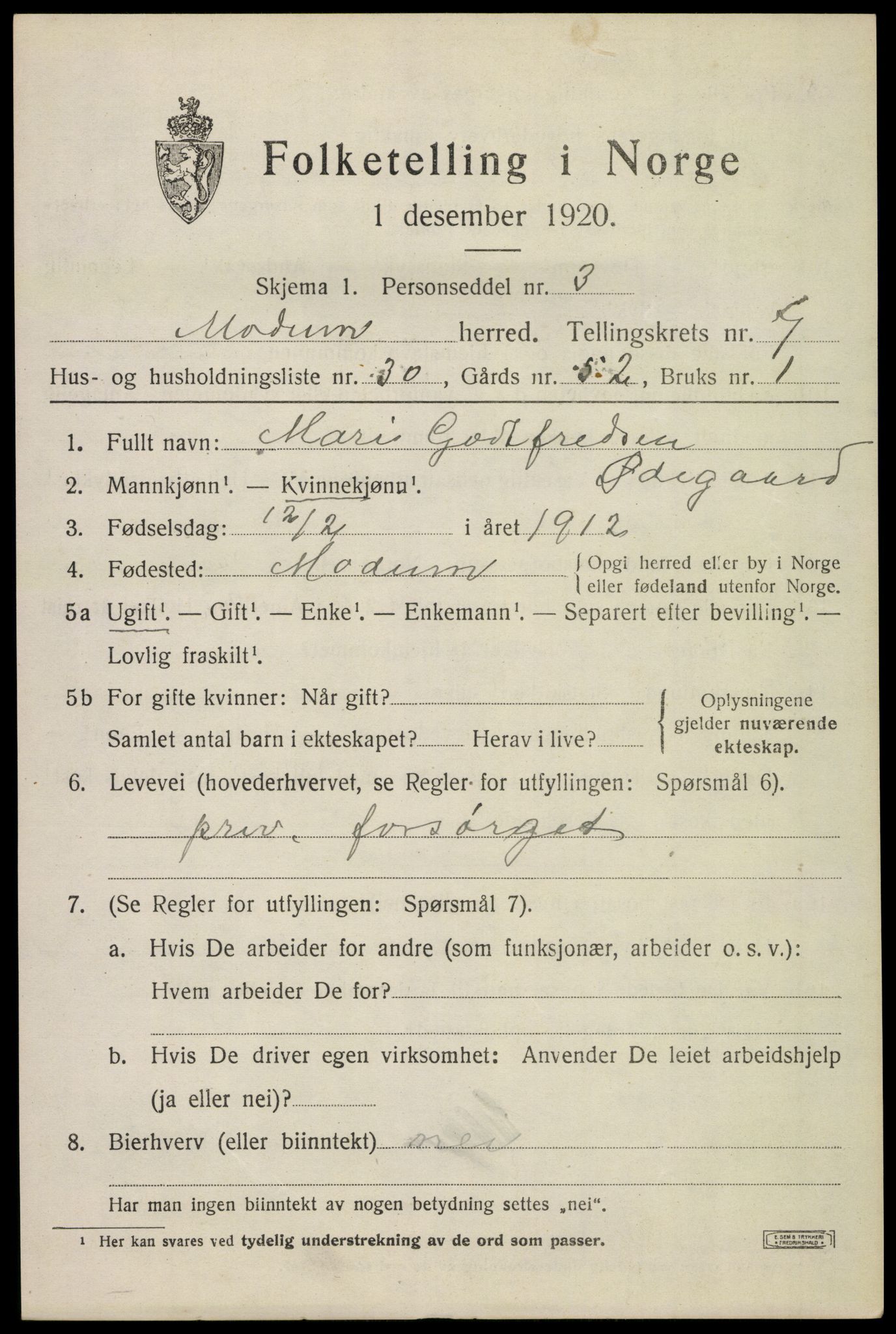 SAKO, 1920 census for Modum, 1920, p. 10023