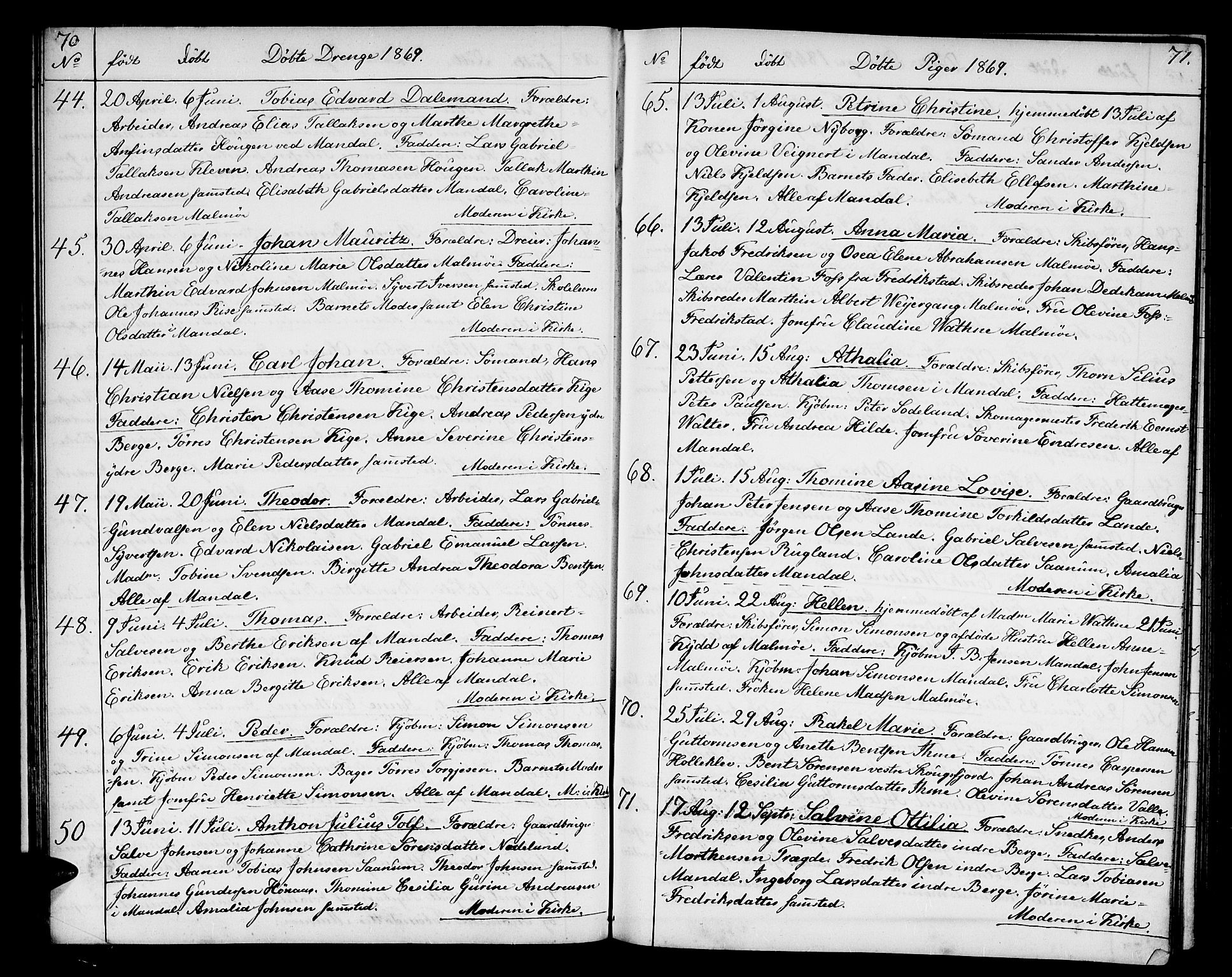 Mandal sokneprestkontor, SAK/1111-0030/F/Fb/Fba/L0009: Parish register (copy) no. B 3, 1867-1877, p. 70-71