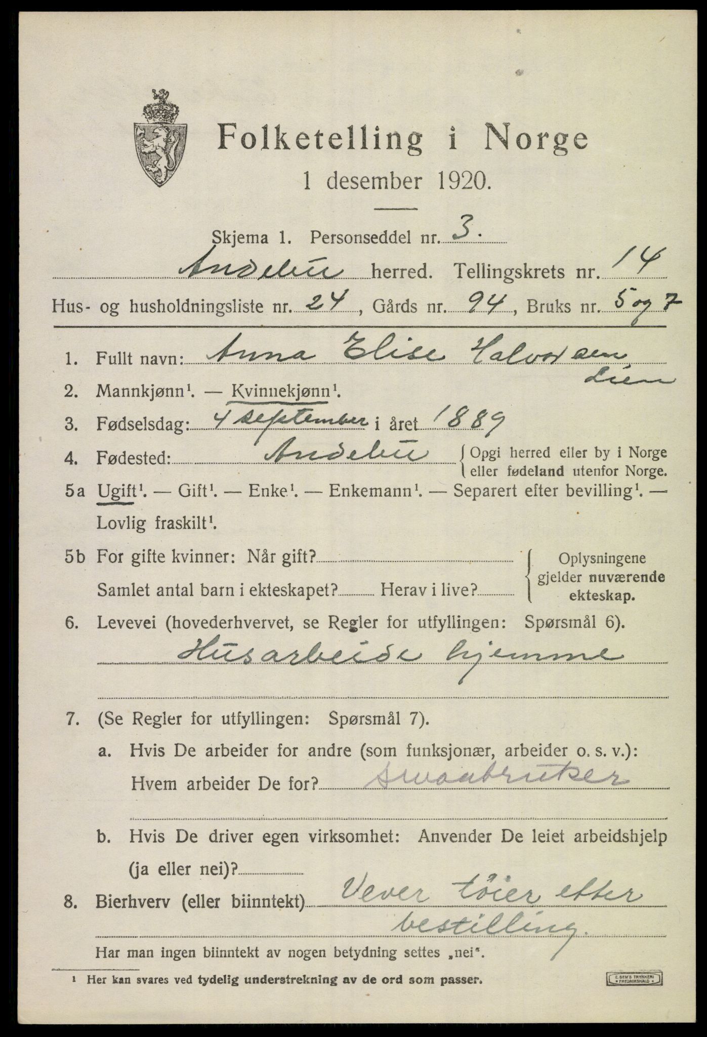 SAKO, 1920 census for Andebu, 1920, p. 5334