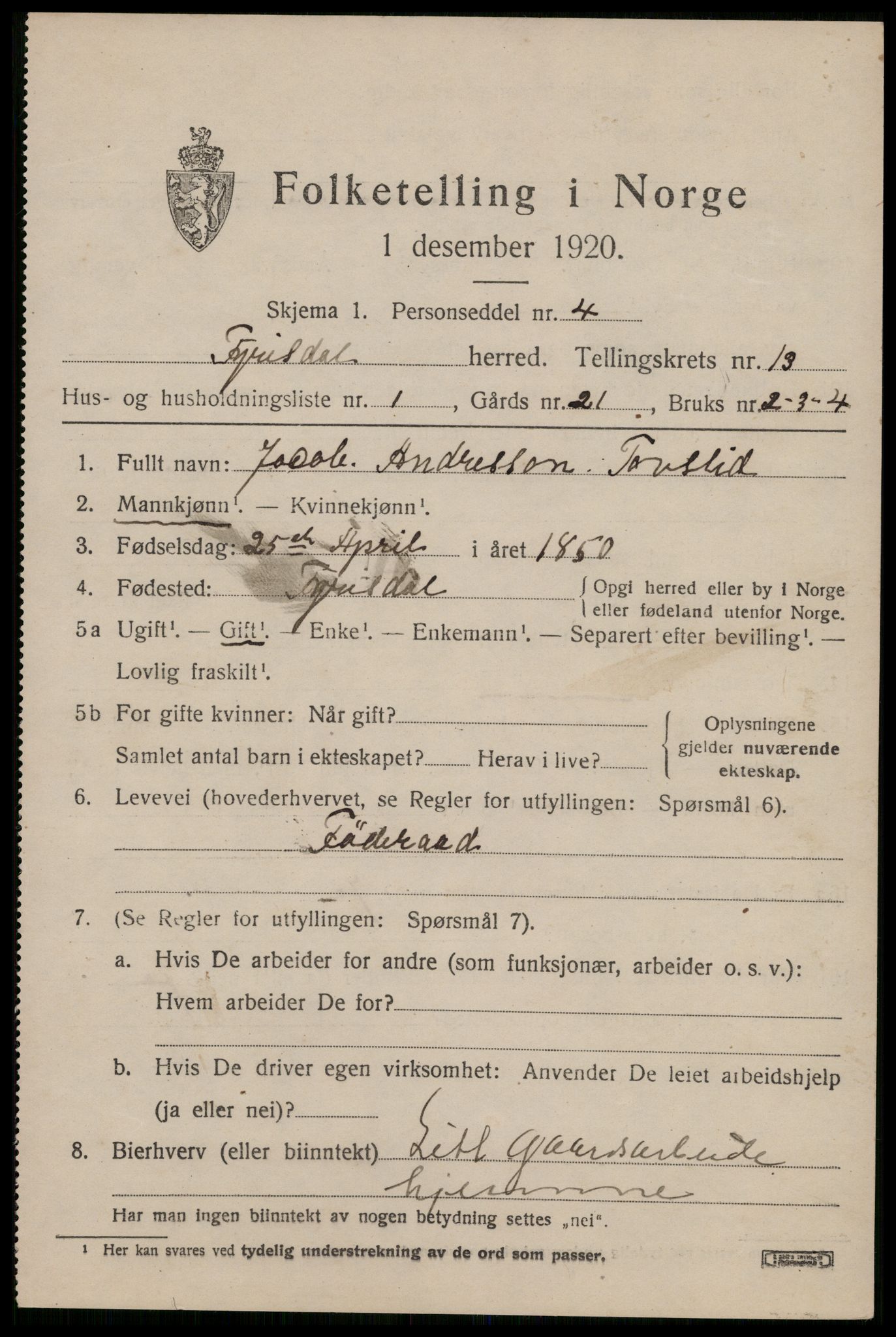 SAKO, 1920 census for Fyresdal, 1920, p. 4269