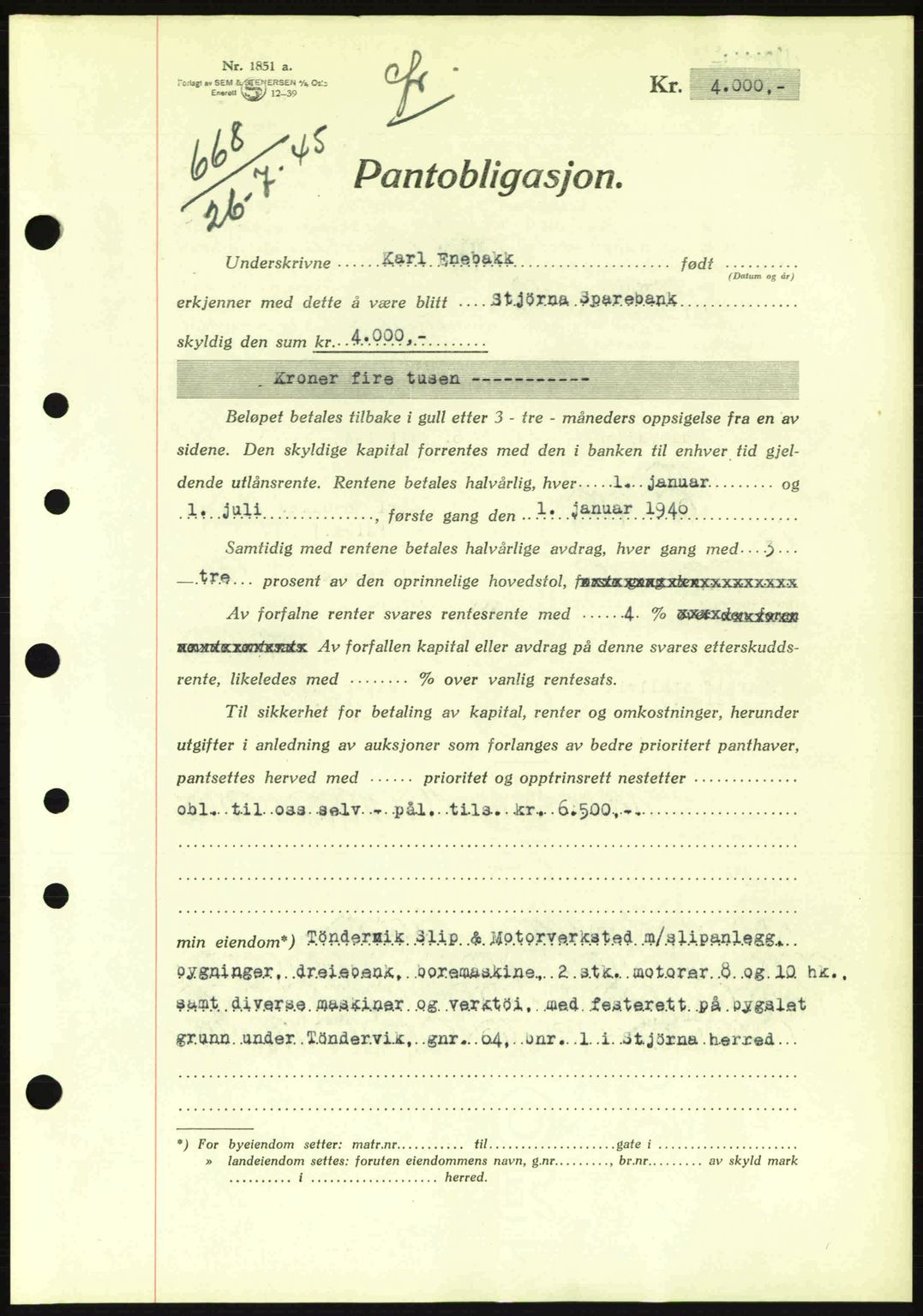 Fosen sorenskriveri, AV/SAT-A-1107/1/2/2C: Mortgage book no. B1, 1943-1945, Diary no: : 668/1945