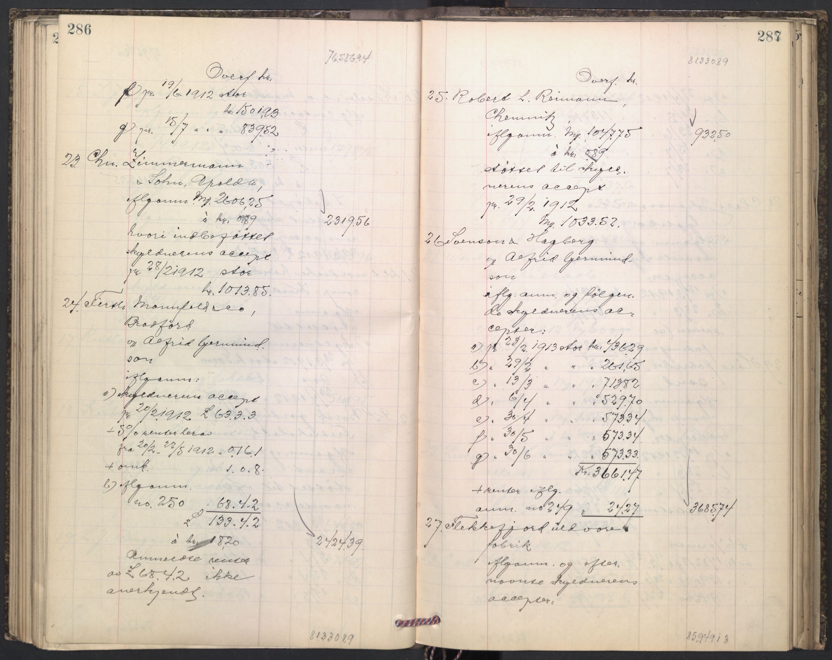 Oslo skifterett, AV/SAO-A-10383/H/Hd/Hdd/L0005: Skifteutlodningsprotokoll for konkursbo, 1913-1915, p. 286-287