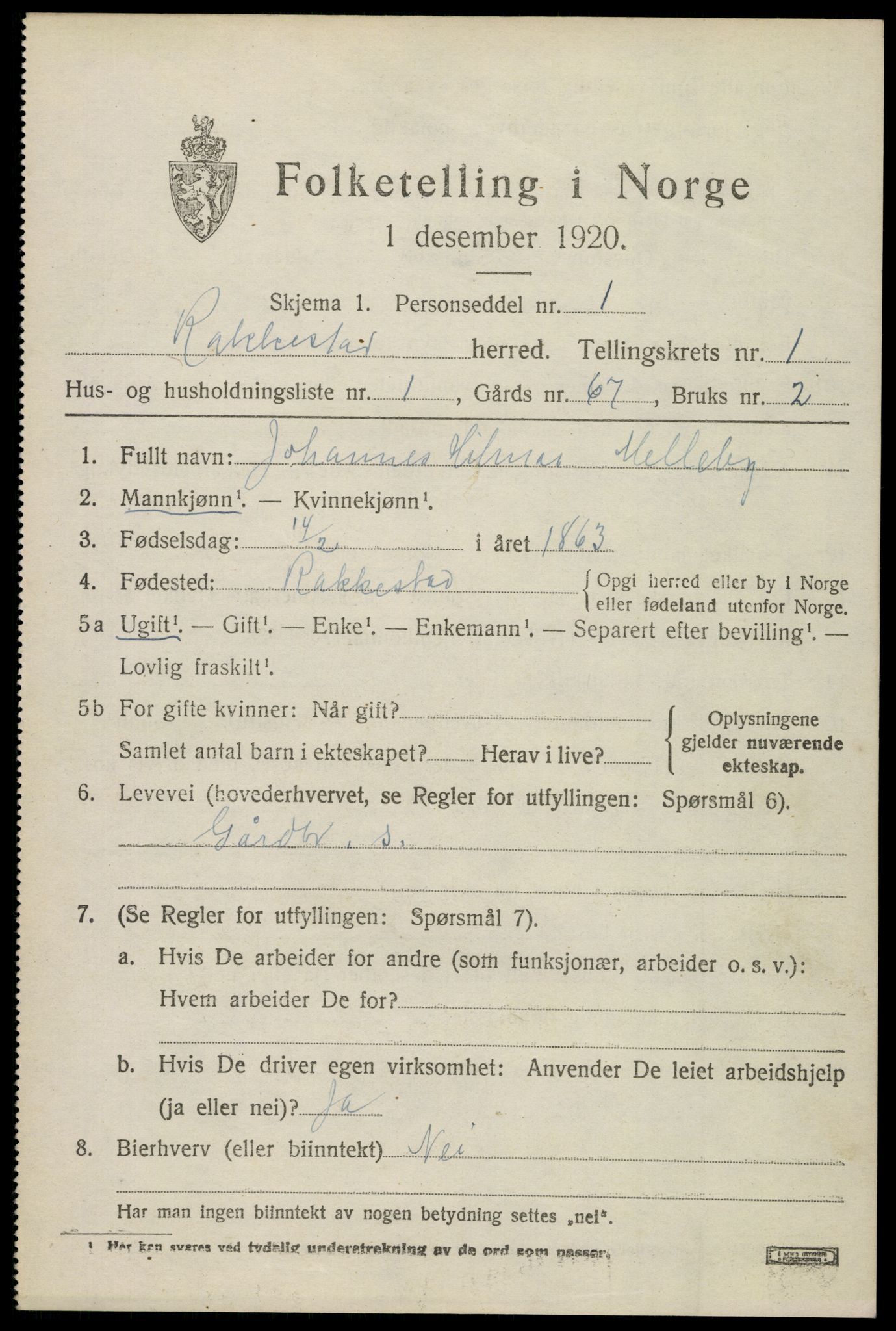 SAO, 1920 census for Rakkestad, 1920, p. 1617