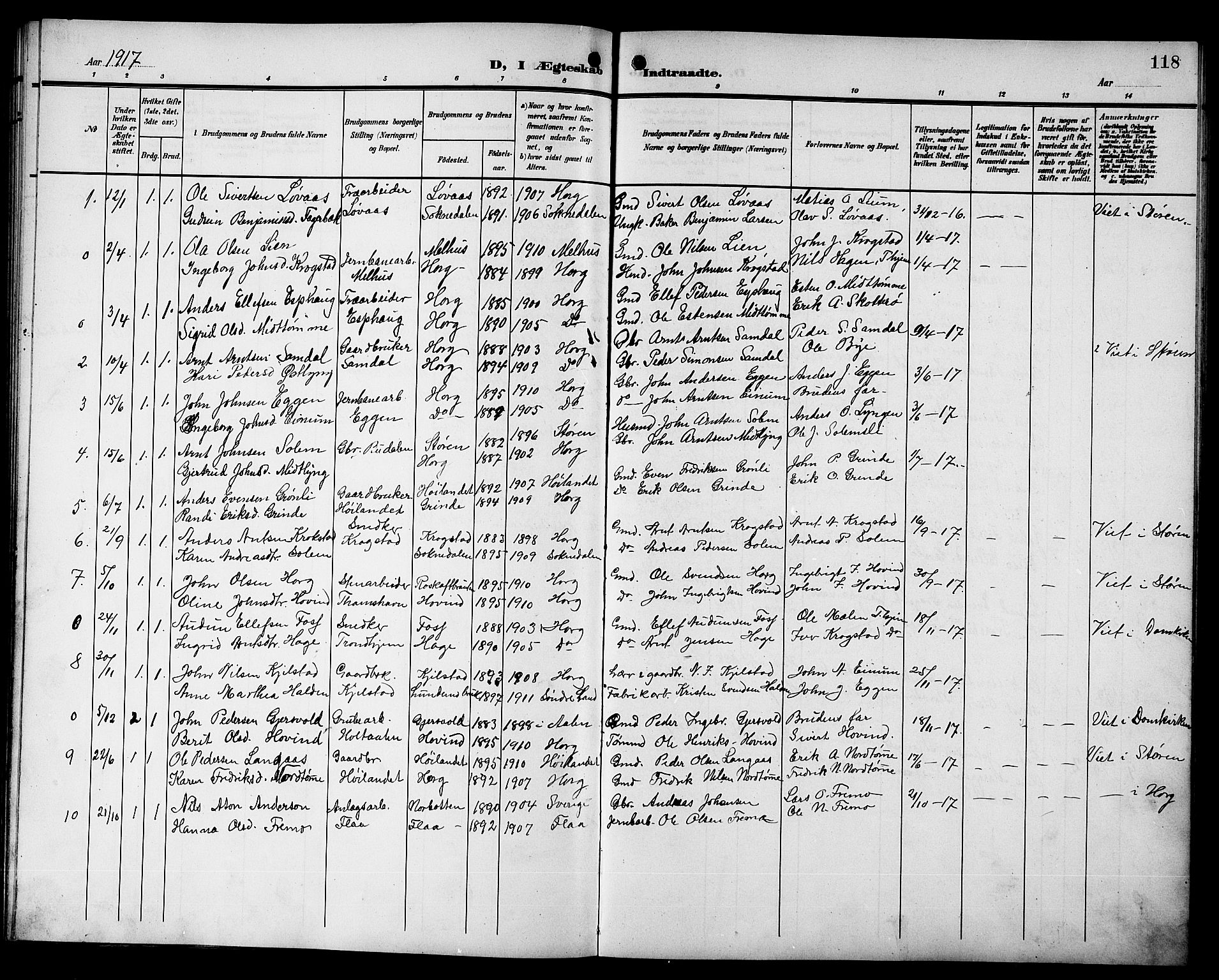 Ministerialprotokoller, klokkerbøker og fødselsregistre - Sør-Trøndelag, SAT/A-1456/692/L1112: Parish register (copy) no. 692C07, 1904-1918, p. 118
