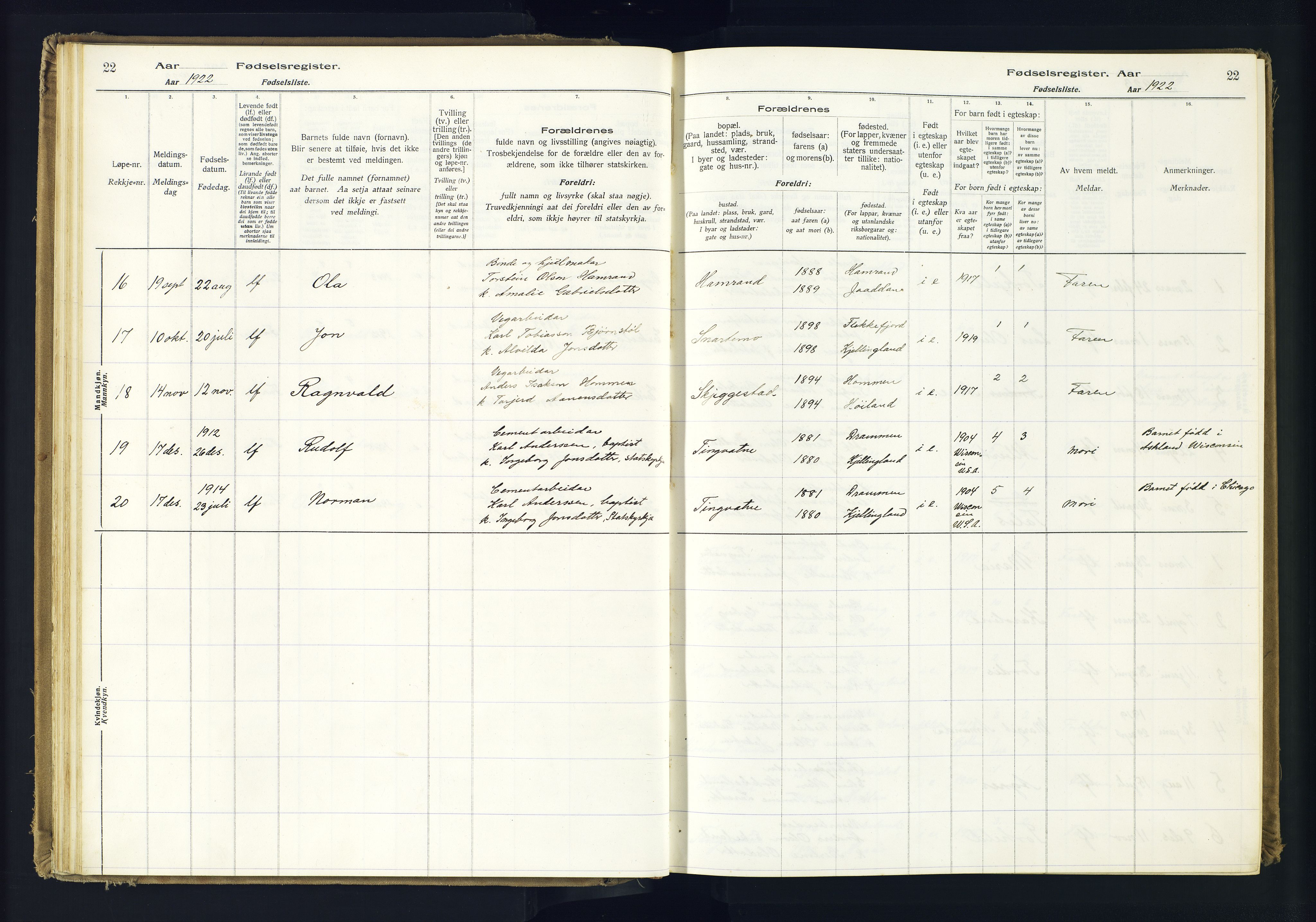 Hægebostad sokneprestkontor, AV/SAK-1111-0024/J/Ja/L0001: Birth register no. II.6.7, 1916-1982, p. 22