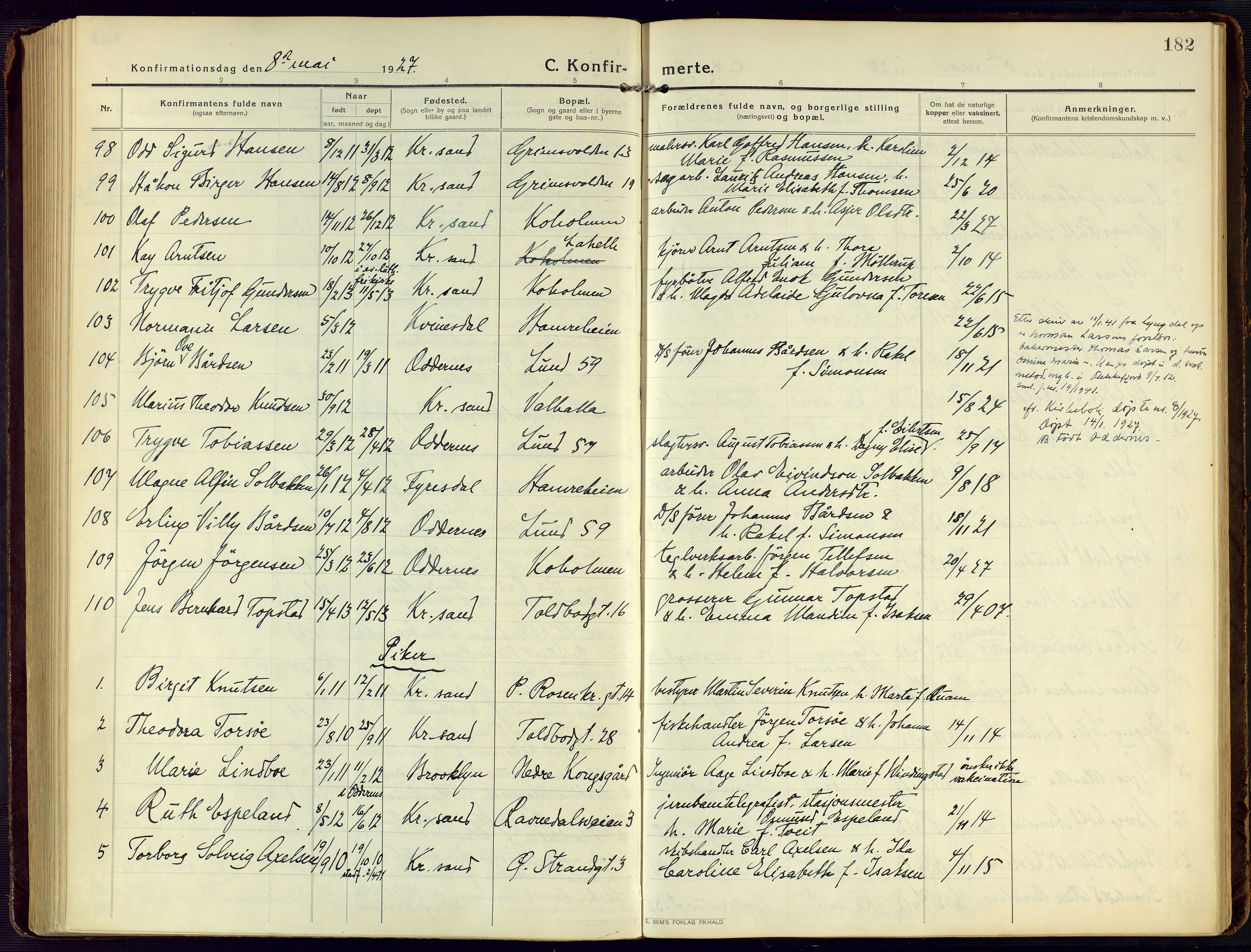 Kristiansand domprosti, SAK/1112-0006/F/Fa/L0026: Parish register (official) no. A 25, 1916-1928, p. 182