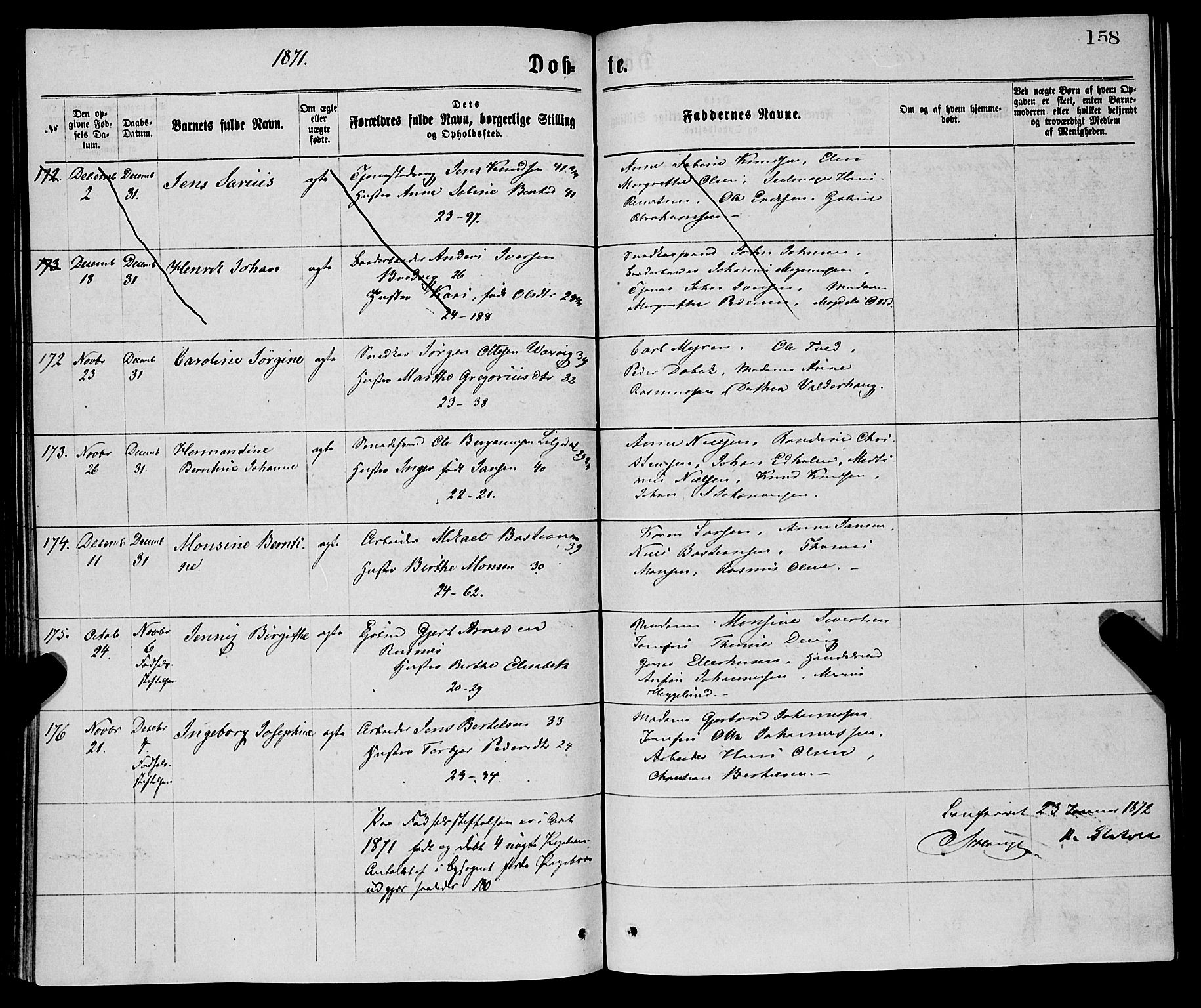 Korskirken sokneprestembete, AV/SAB-A-76101/H/Haa/L0020: Parish register (official) no. B 6, 1871-1878, p. 158