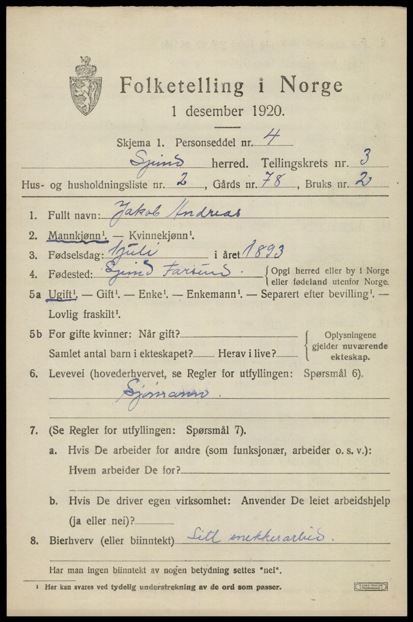 SAK, 1920 census for Spind, 1920, p. 1651
