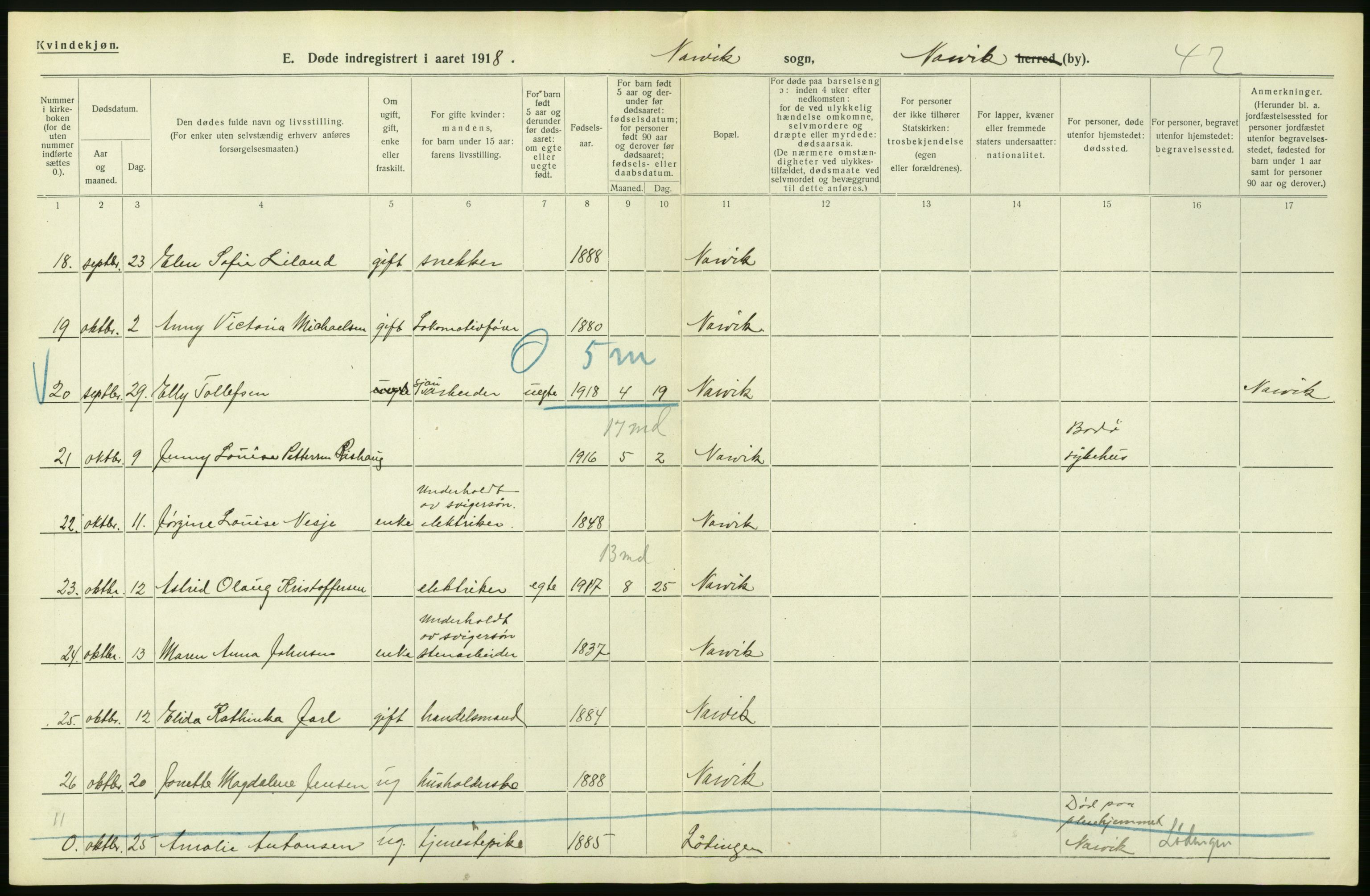 Statistisk sentralbyrå, Sosiodemografiske emner, Befolkning, AV/RA-S-2228/D/Df/Dfb/Dfbh/L0055: Nordland fylke: Døde. Bygder og byer., 1918, p. 40