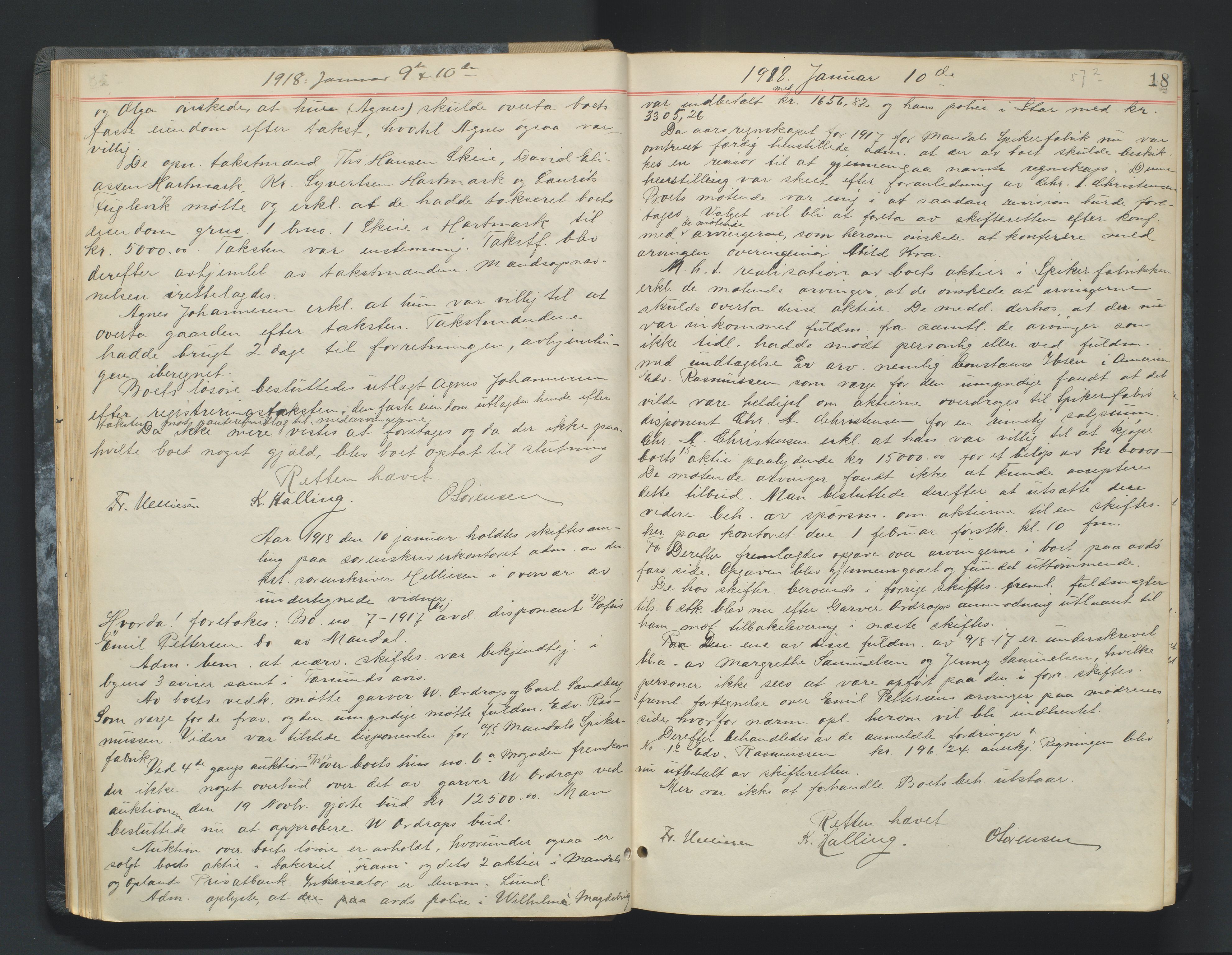 Mandal sorenskriveri, AV/SAK-1221-0005/001/H/Hc/L0083: Skifteforhandlingsprotokoll nr 15, 1917-1921, p. 18