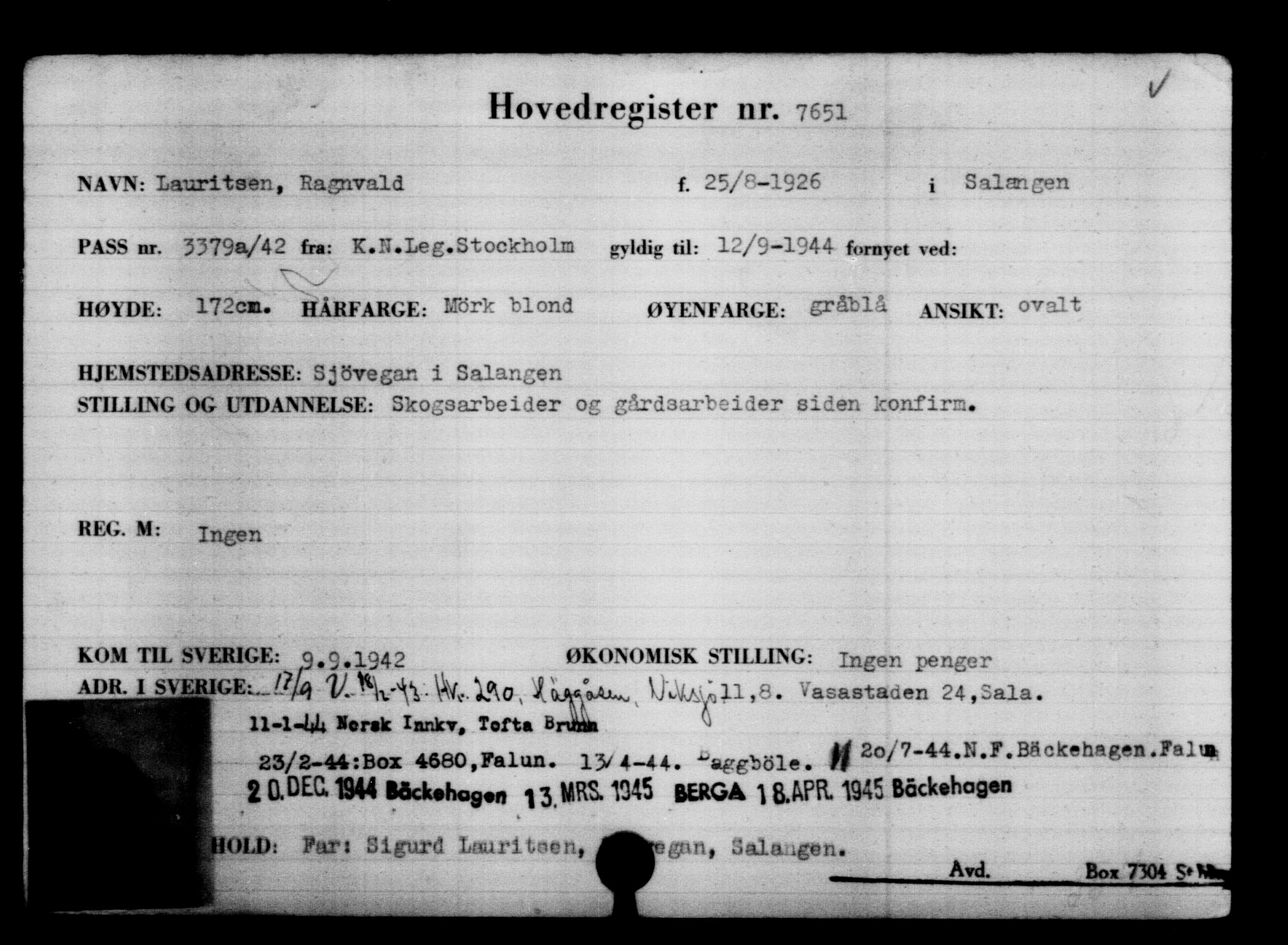 Utenriksstasjonene, Legasjonen i Stockholm, Flyktningkontoret, AV/RA-S-6753/V/Va/L0005: Kjesäterkartoteket, flyktninger med registreringsnr. 6600-9417, 1940-1945, p. 1226