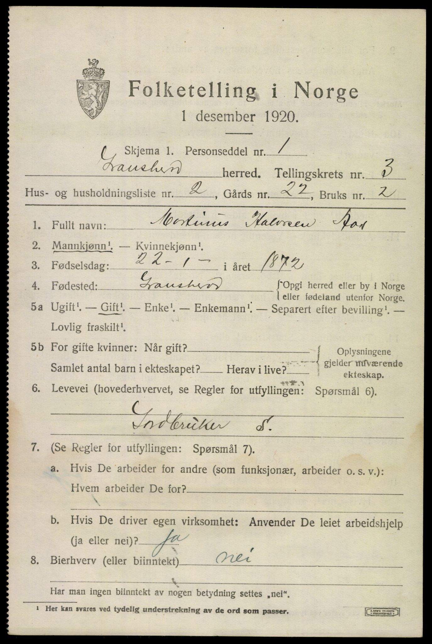 SAKO, 1920 census for Gransherad, 1920, p. 1412
