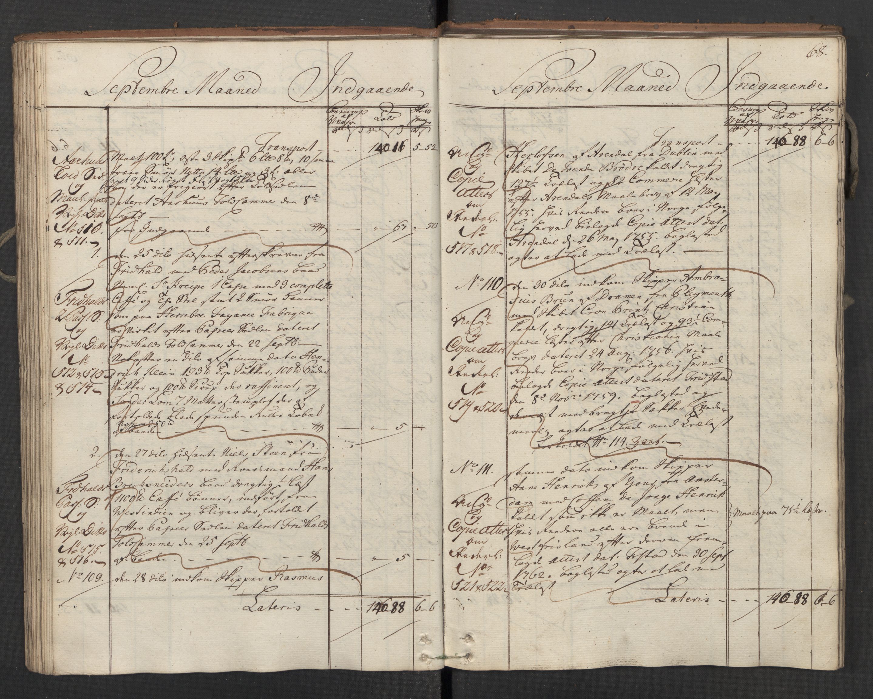 Generaltollkammeret, tollregnskaper, AV/RA-EA-5490/R02/L0034/0001: Tollregnskaper Fredrikstad / Inngående hovedtollbok, 1762, p. 67b-68a