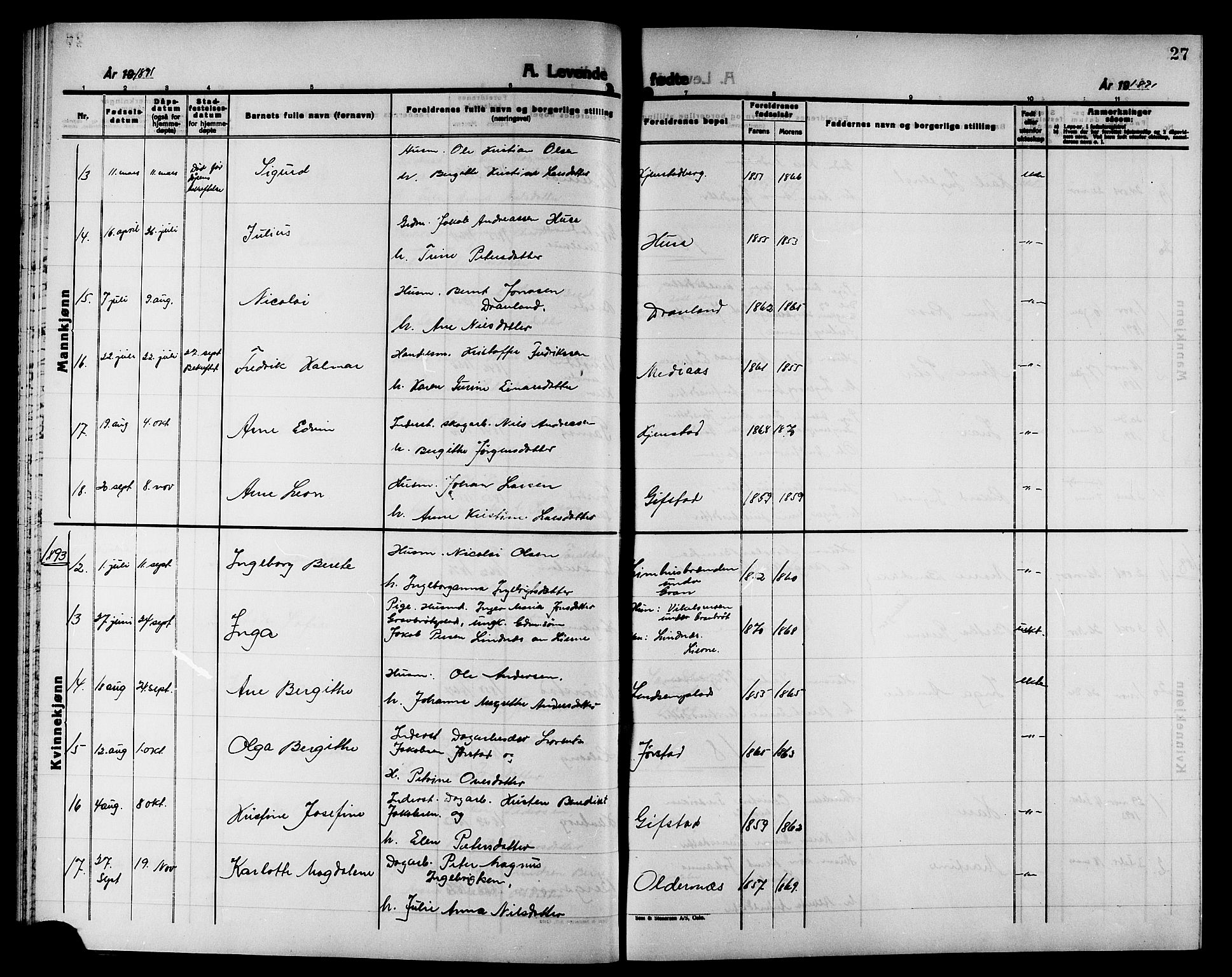 Ministerialprotokoller, klokkerbøker og fødselsregistre - Nord-Trøndelag, AV/SAT-A-1458/749/L0487: Parish register (official) no. 749D03, 1887-1902, p. 27
