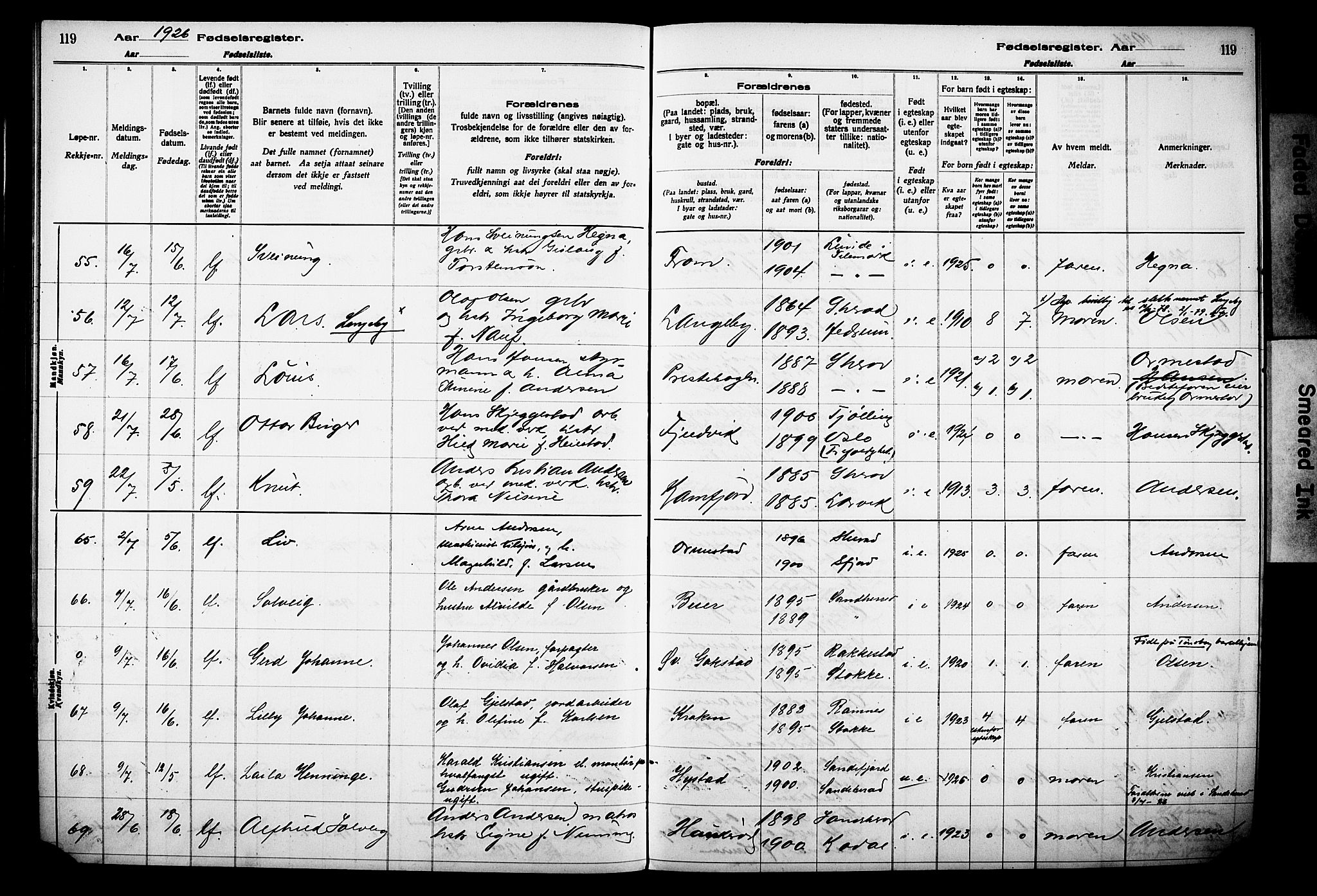 Sandar kirkebøker, AV/SAKO-A-243/J/Ja/L0002: Birth register no. 2, 1922-1929, p. 119