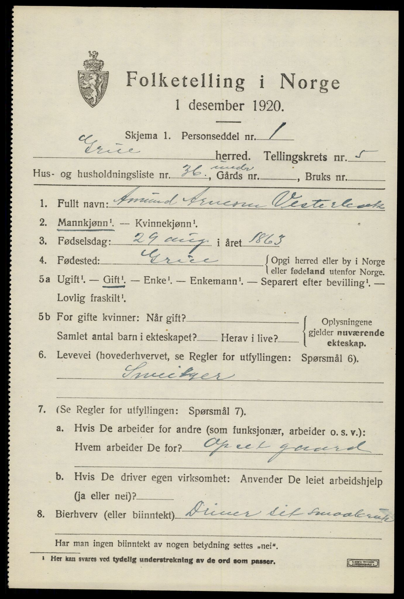 SAH, 1920 census for Grue, 1920, p. 5533