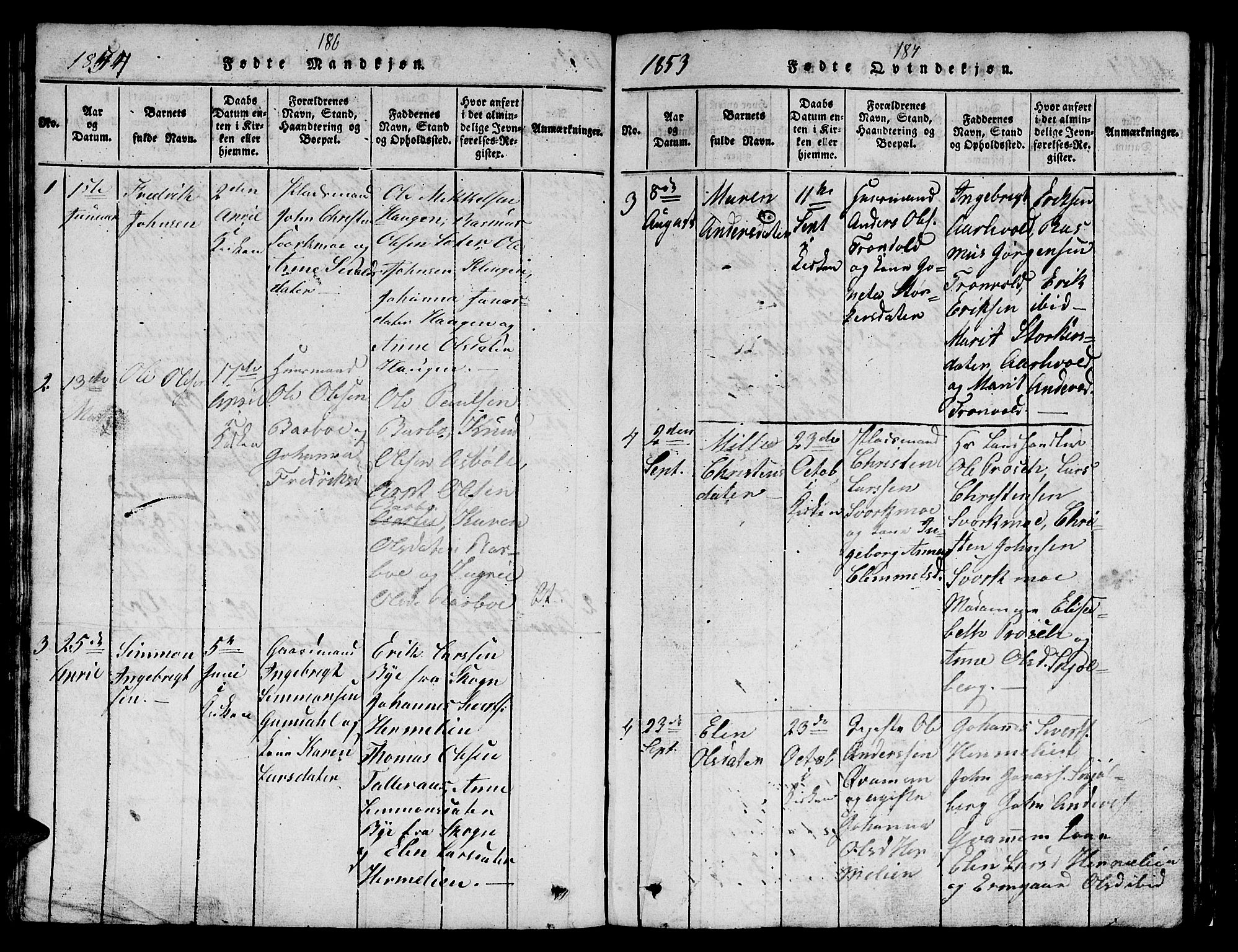 Ministerialprotokoller, klokkerbøker og fødselsregistre - Sør-Trøndelag, AV/SAT-A-1456/671/L0842: Parish register (copy) no. 671C01, 1816-1867, p. 186-187