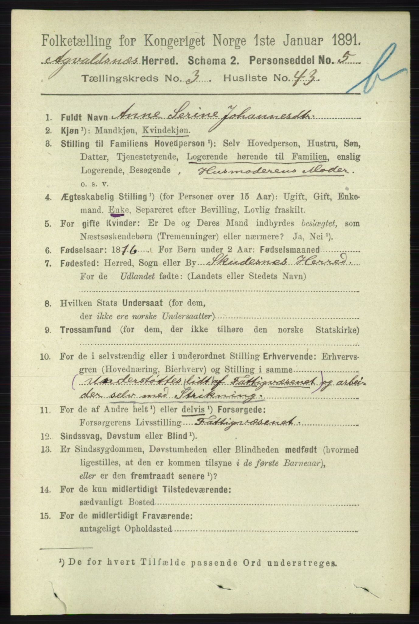 RA, 1891 census for 1147 Avaldsnes, 1891, p. 2776