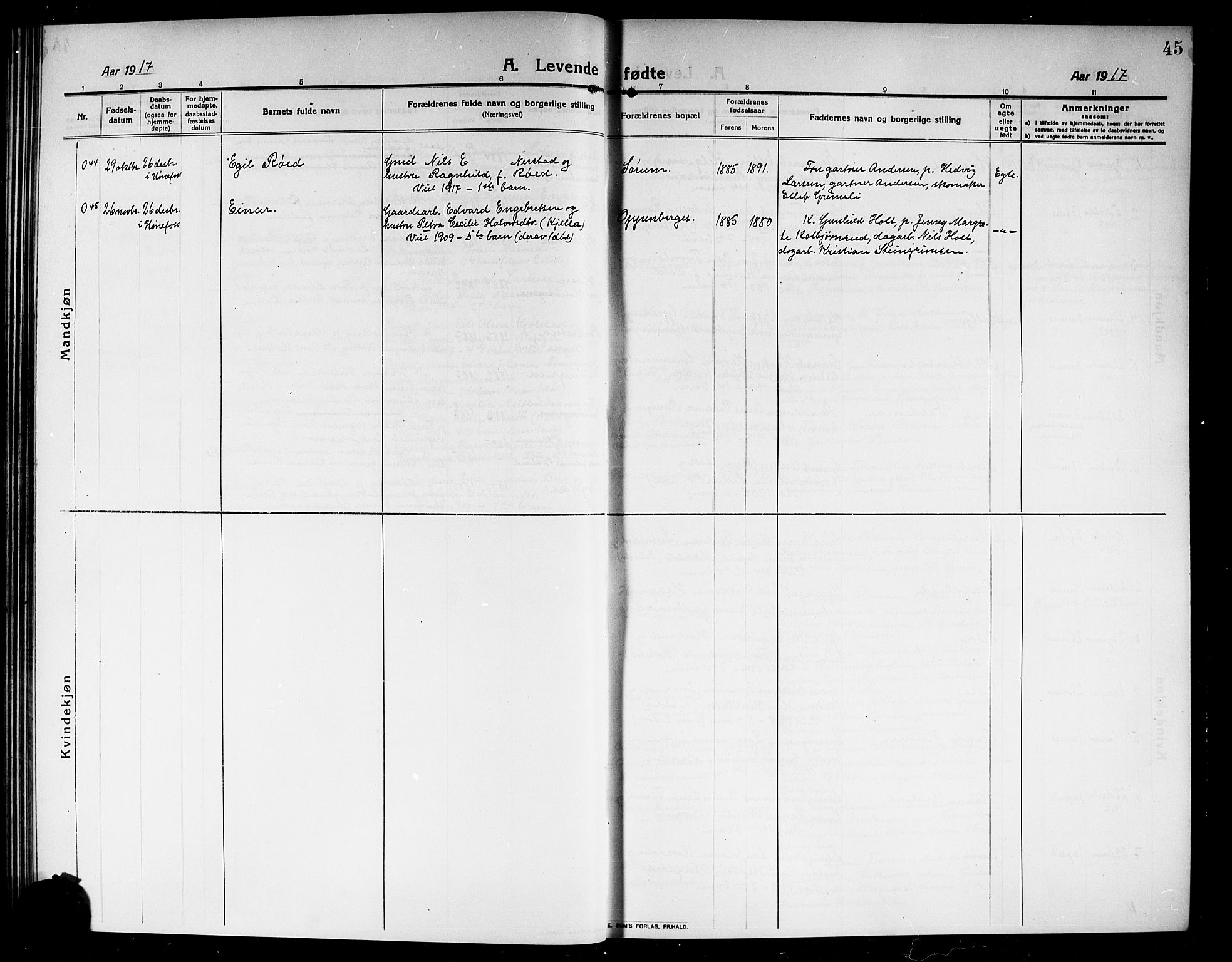 Norderhov kirkebøker, AV/SAKO-A-237/G/Ga/L0009: Parish register (copy) no. I 9, 1913-1920, p. 45