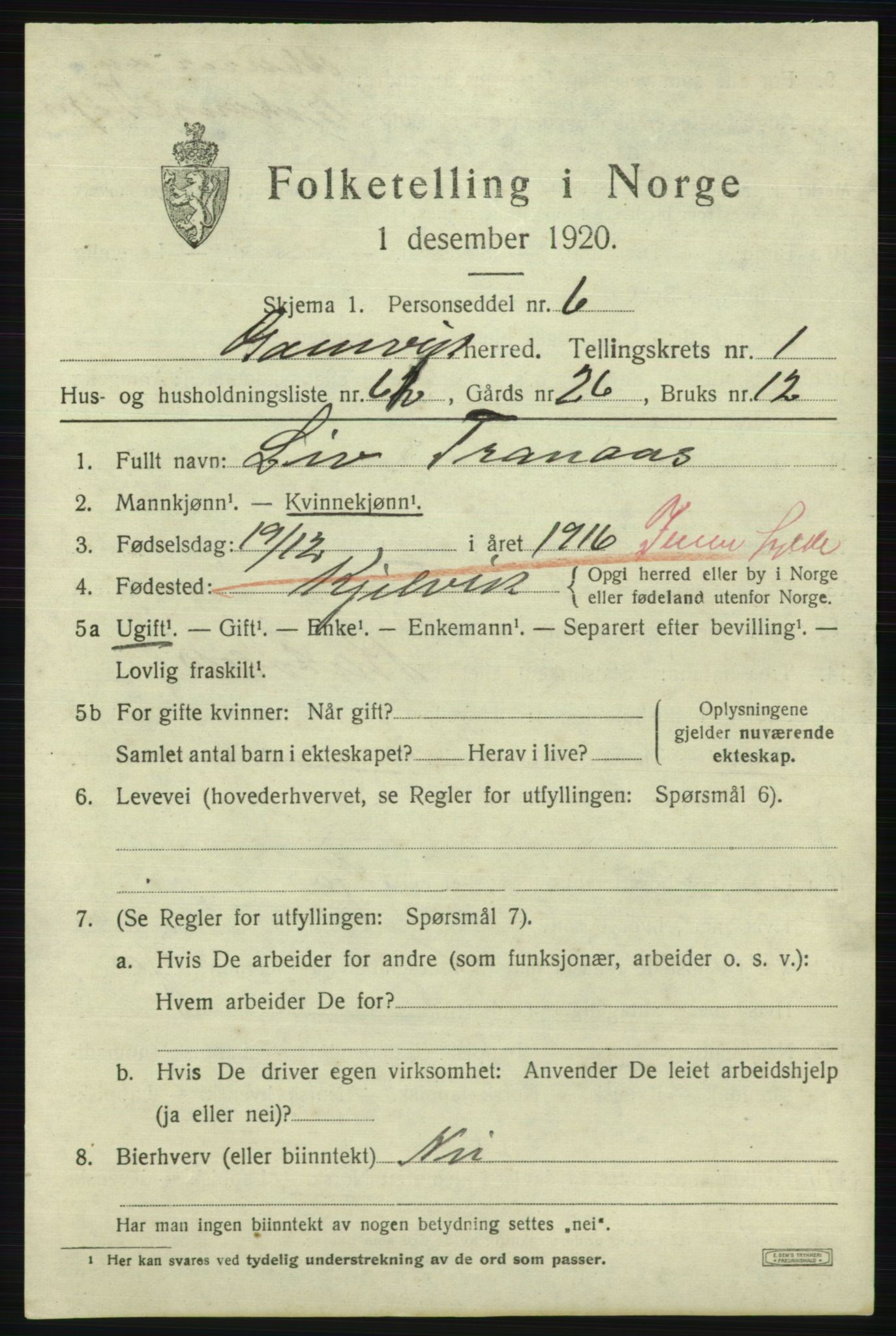 SATØ, 1920 census for Gamvik, 1920, p. 1514