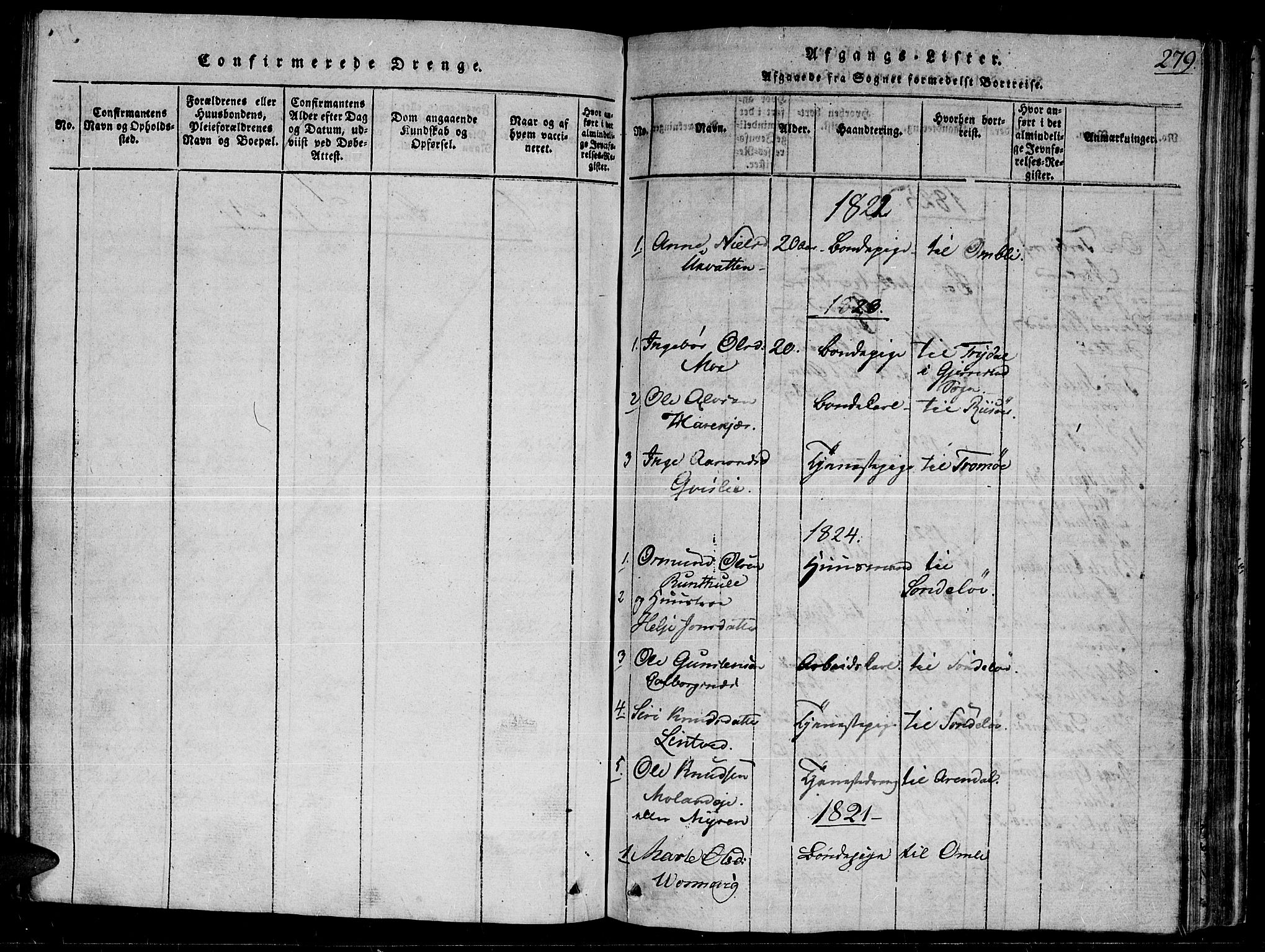 Gjerstad sokneprestkontor, SAK/1111-0014/F/Fb/Fbb/L0001: Parish register (copy) no. B 1, 1813-1863, p. 279