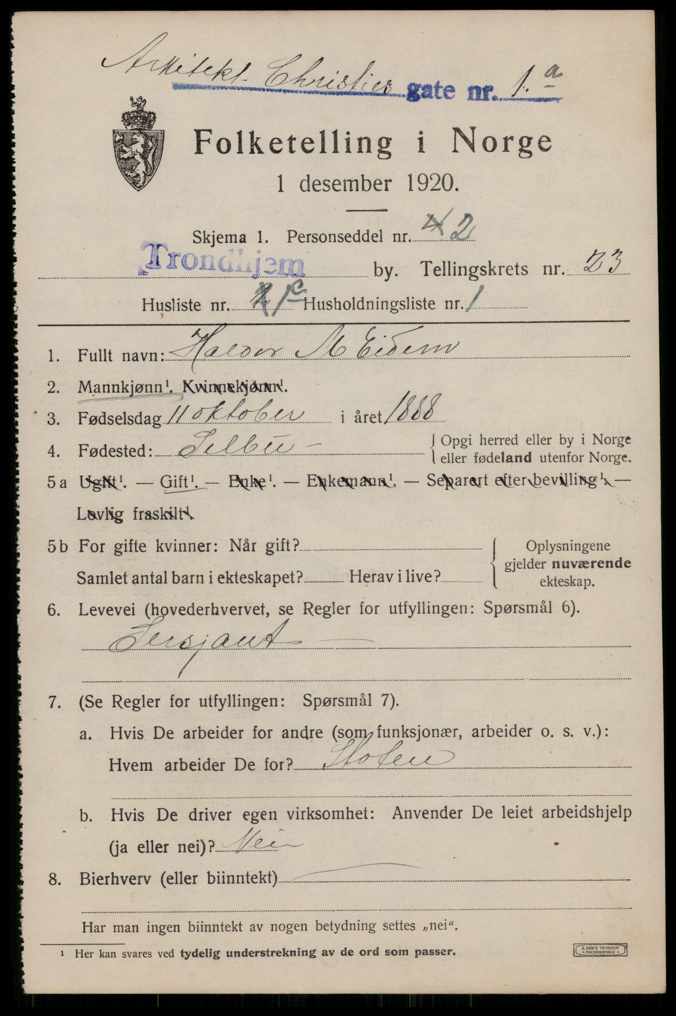 SAT, 1920 census for Trondheim, 1920, p. 63940