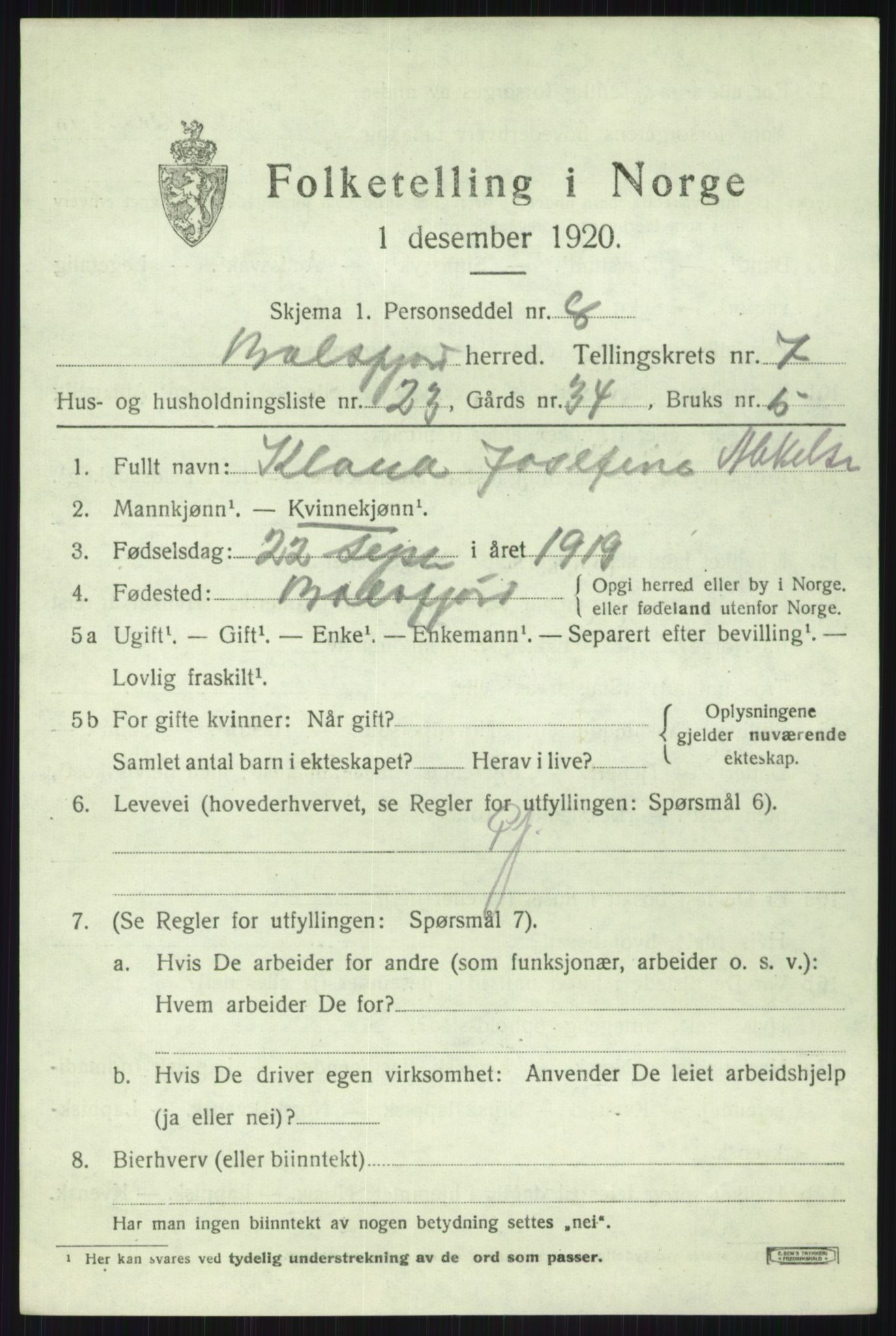 SATØ, 1920 census for Balsfjord, 1920, p. 4476