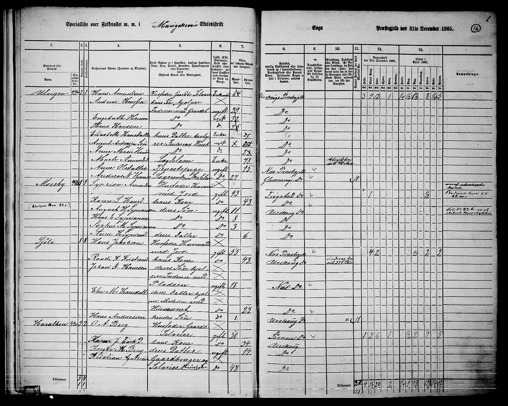 RA, 1865 census for Aurskog, 1865, p. 15