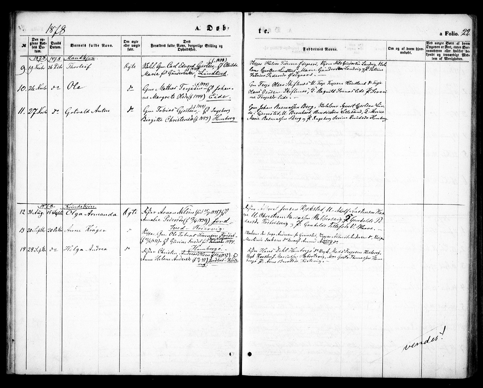 Hommedal sokneprestkontor, AV/SAK-1111-0023/F/Fa/Faa/L0002: Parish register (official) no. A 2, 1861-1884, p. 22