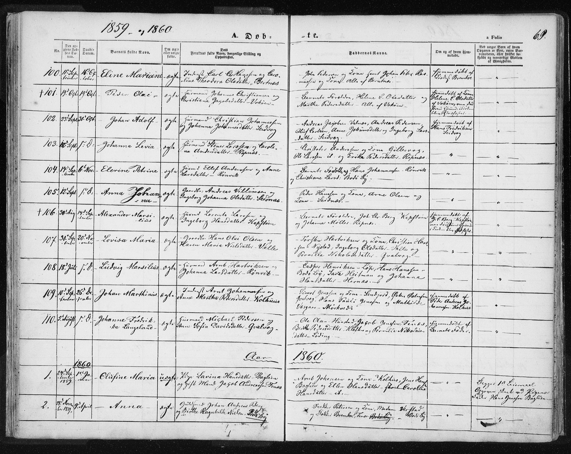 Ministerialprotokoller, klokkerbøker og fødselsregistre - Nordland, SAT/A-1459/801/L0007: Parish register (official) no. 801A07, 1845-1863, p. 69