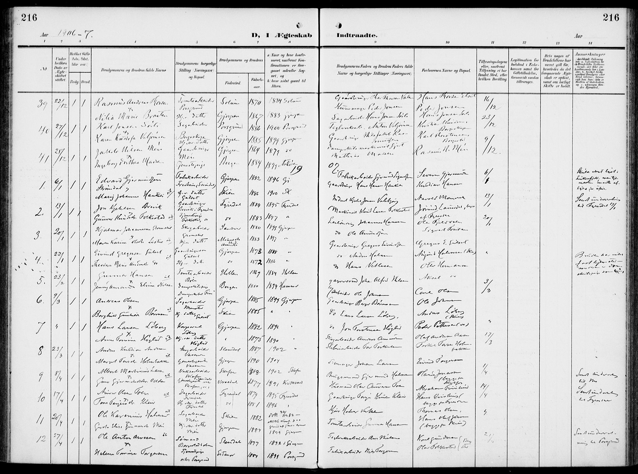 Gjerpen kirkebøker, SAKO/A-265/F/Fa/L0012: Parish register (official) no. I 12, 1905-1913, p. 216
