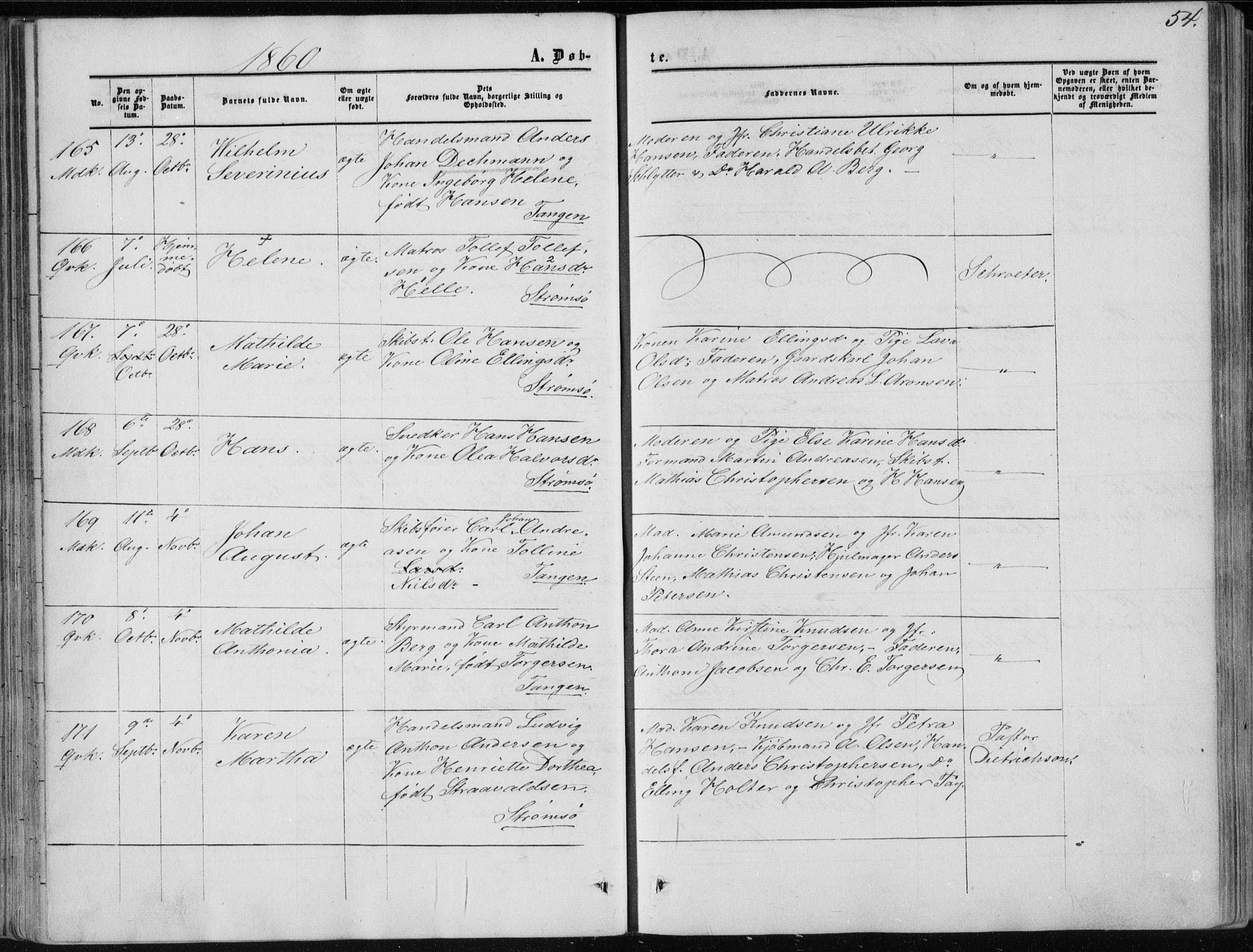 Strømsø kirkebøker, AV/SAKO-A-246/F/Fa/L0015: Parish register (official) no. I 15, 1859-1868, p. 54