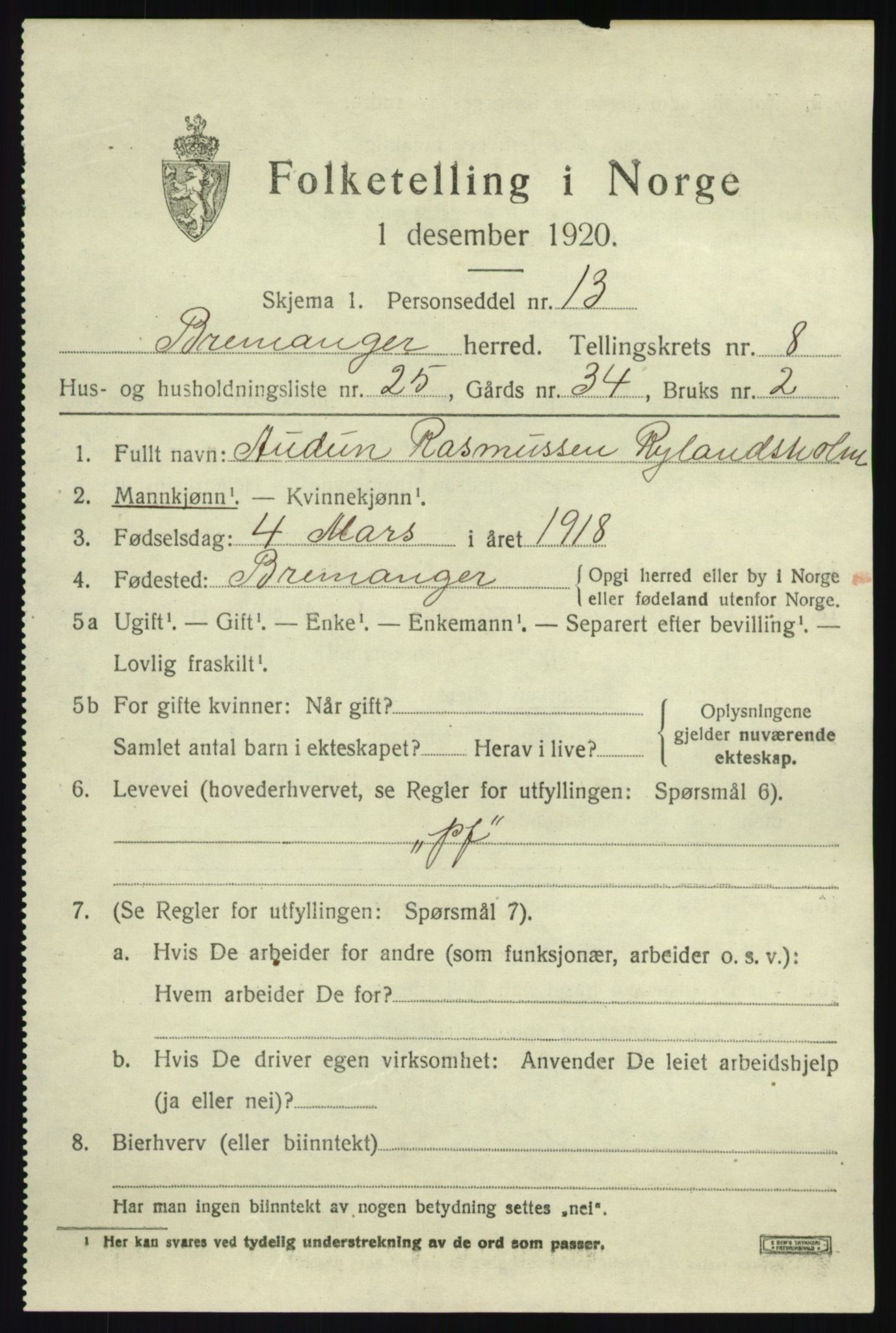 SAB, 1920 census for Bremanger, 1920, p. 5124