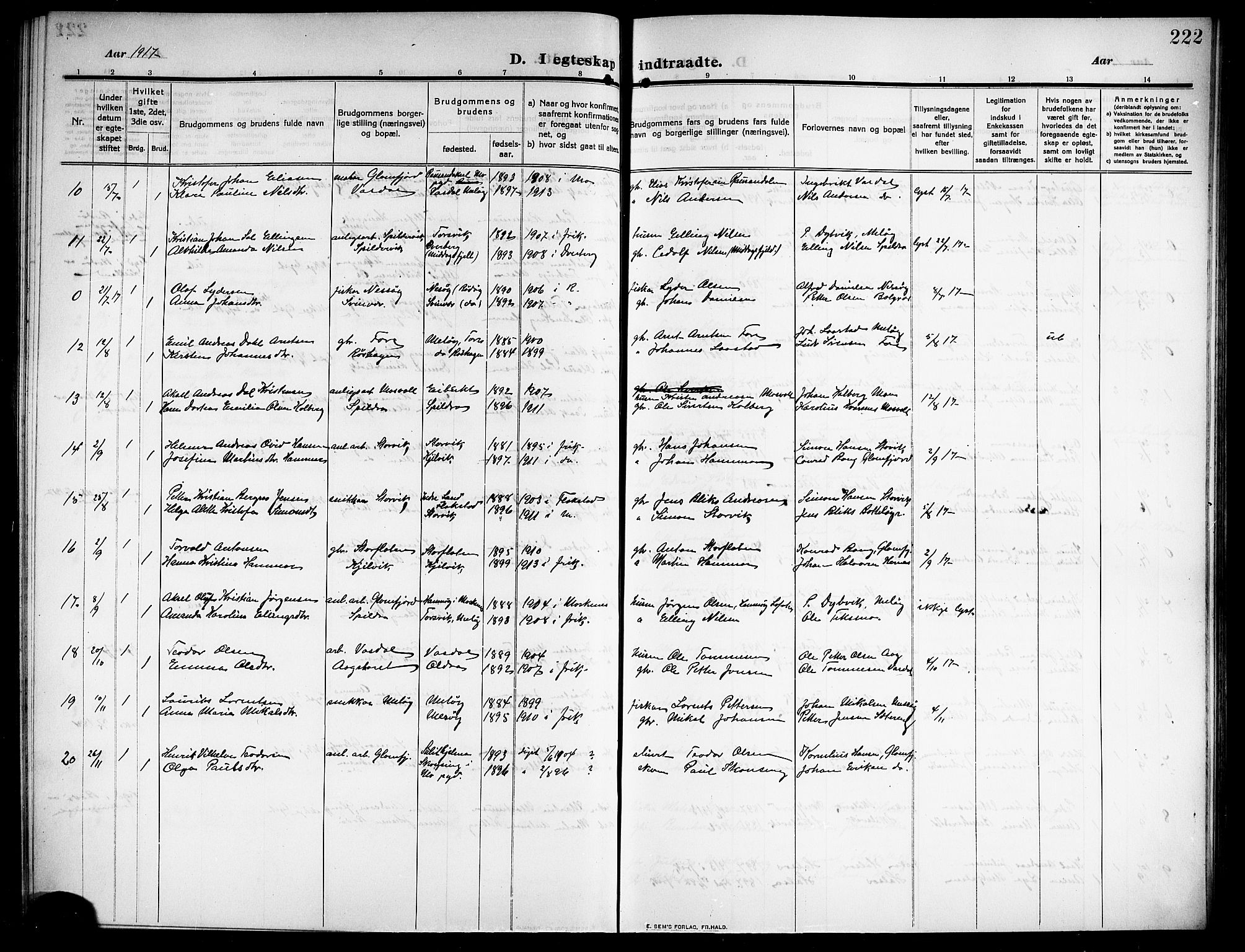 Ministerialprotokoller, klokkerbøker og fødselsregistre - Nordland, AV/SAT-A-1459/843/L0639: Parish register (copy) no. 843C08, 1908-1924, p. 222