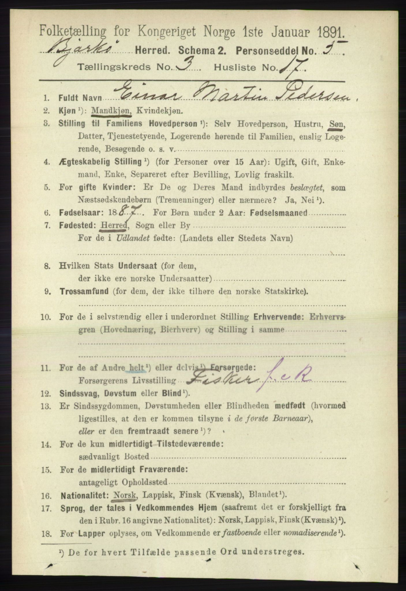 RA, 1891 census for 1915 Bjarkøy, 1891, p. 1641