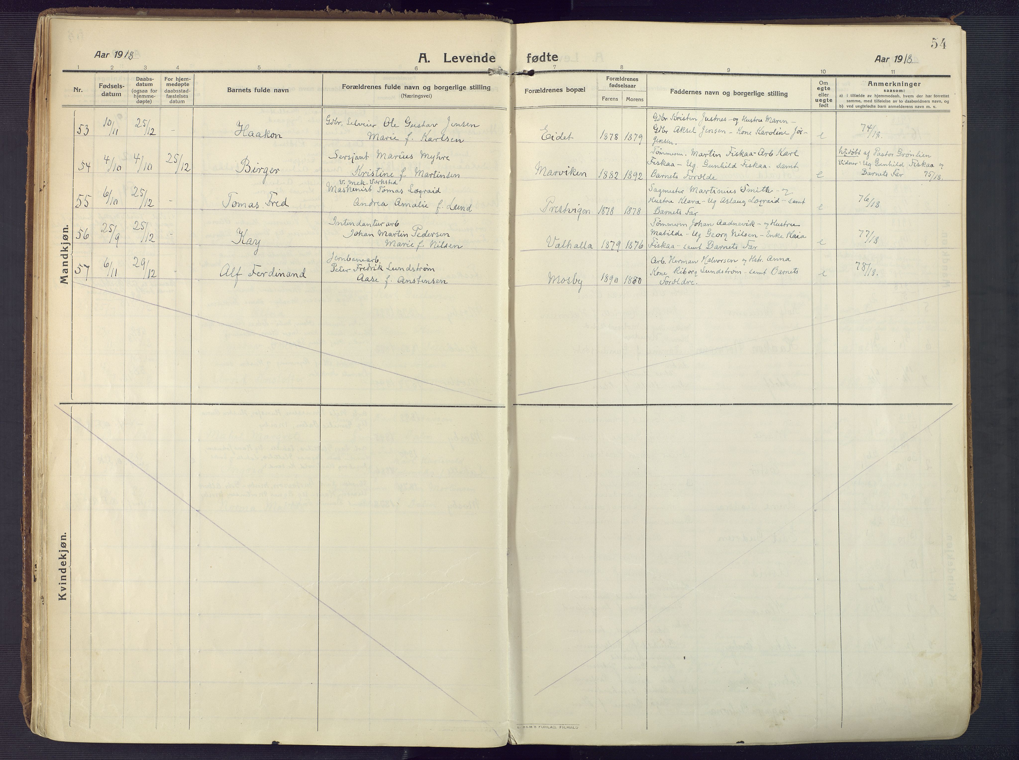 Oddernes sokneprestkontor, AV/SAK-1111-0033/F/Fa/Faa/L0012: Parish register (official) no. A 12, 1912-1925, p. 54