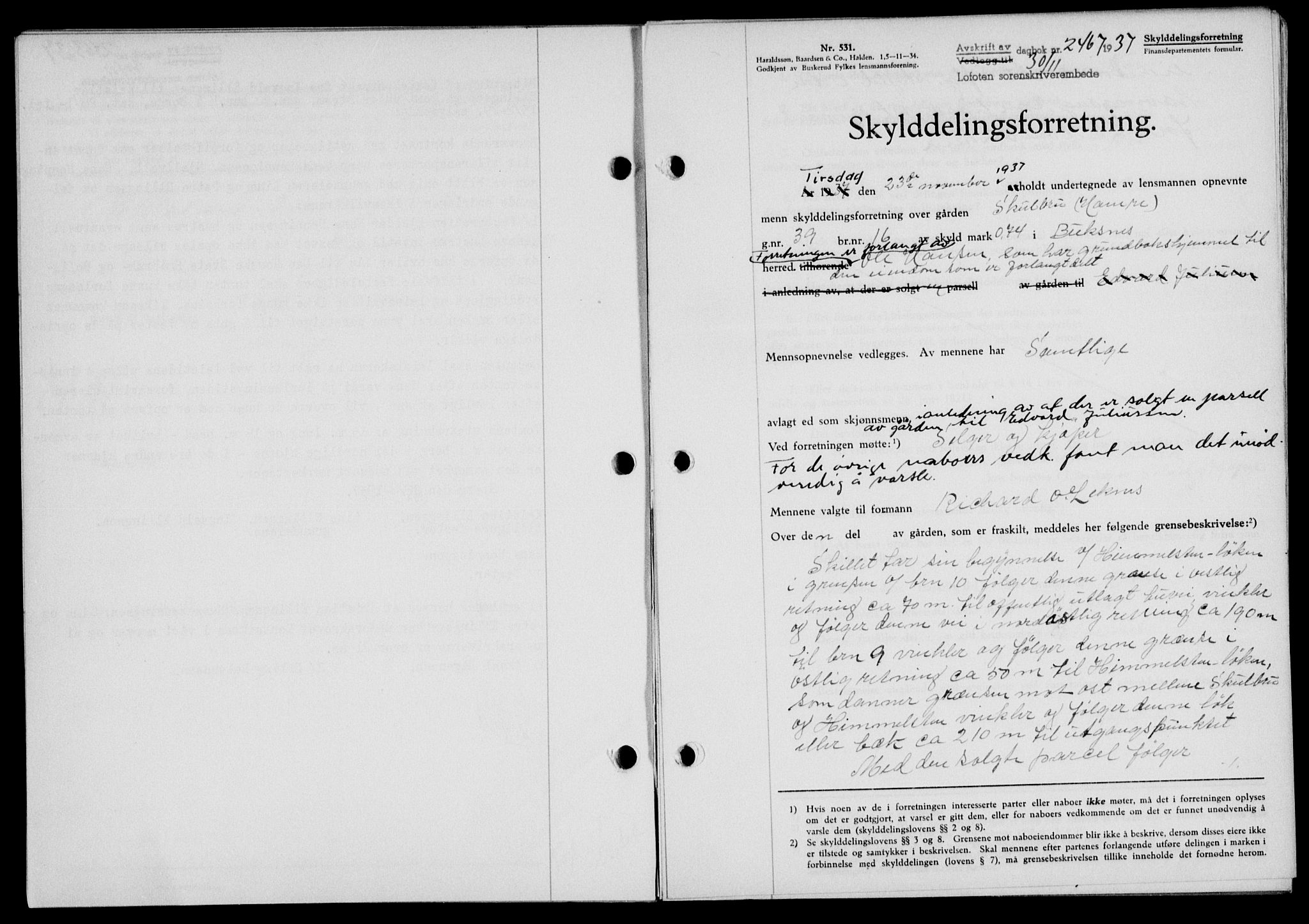 Lofoten sorenskriveri, SAT/A-0017/1/2/2C/L0003a: Mortgage book no. 3a, 1937-1938, Diary no: : 2467/1937