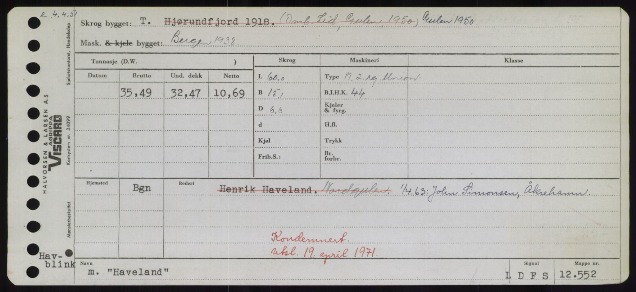 Sjøfartsdirektoratet med forløpere, Skipsmålingen, RA/S-1627/H/Hd/L0014: Fartøy, H-Havl, p. 529